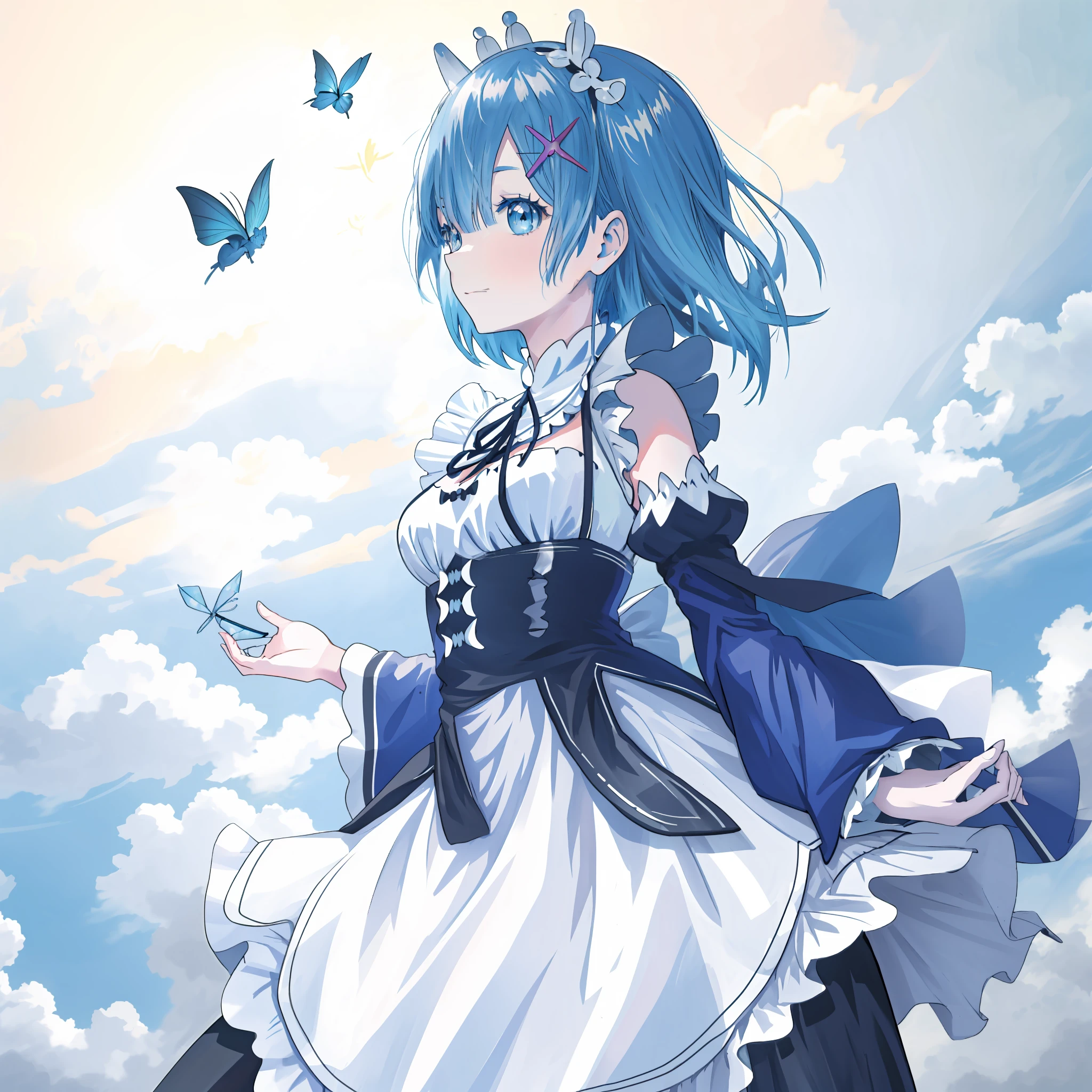 Anime girl with blue hair and black and white costume, Rem Rezero, loli in dress, small curvaceous loli, rimuru, Anime moe art style, [[[[grinning evily]]]], Loli, cute anime waifu in a nice dress, tsuaii, Blue woman with long hair, rimuru tempest, ayanami, maid，eye glass