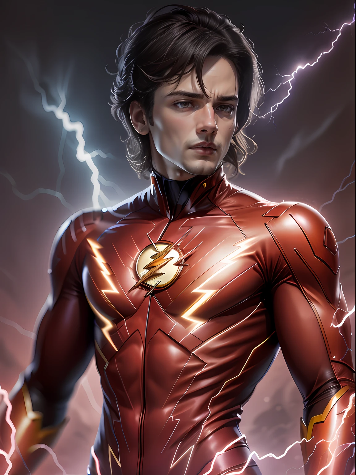 A Photo of Giovanni di Lorenzi as The Flash, short brown hair, Red Classic The Flash Suit, macho, male, 1man, ultra detailed, ultra resolution, upper shot, background rich in details, 8k, perfect light, perfect shadow, Canon 1D X Mark III, 70-200m, f: 5.6, mysterious atmosphere, a lot of lightning