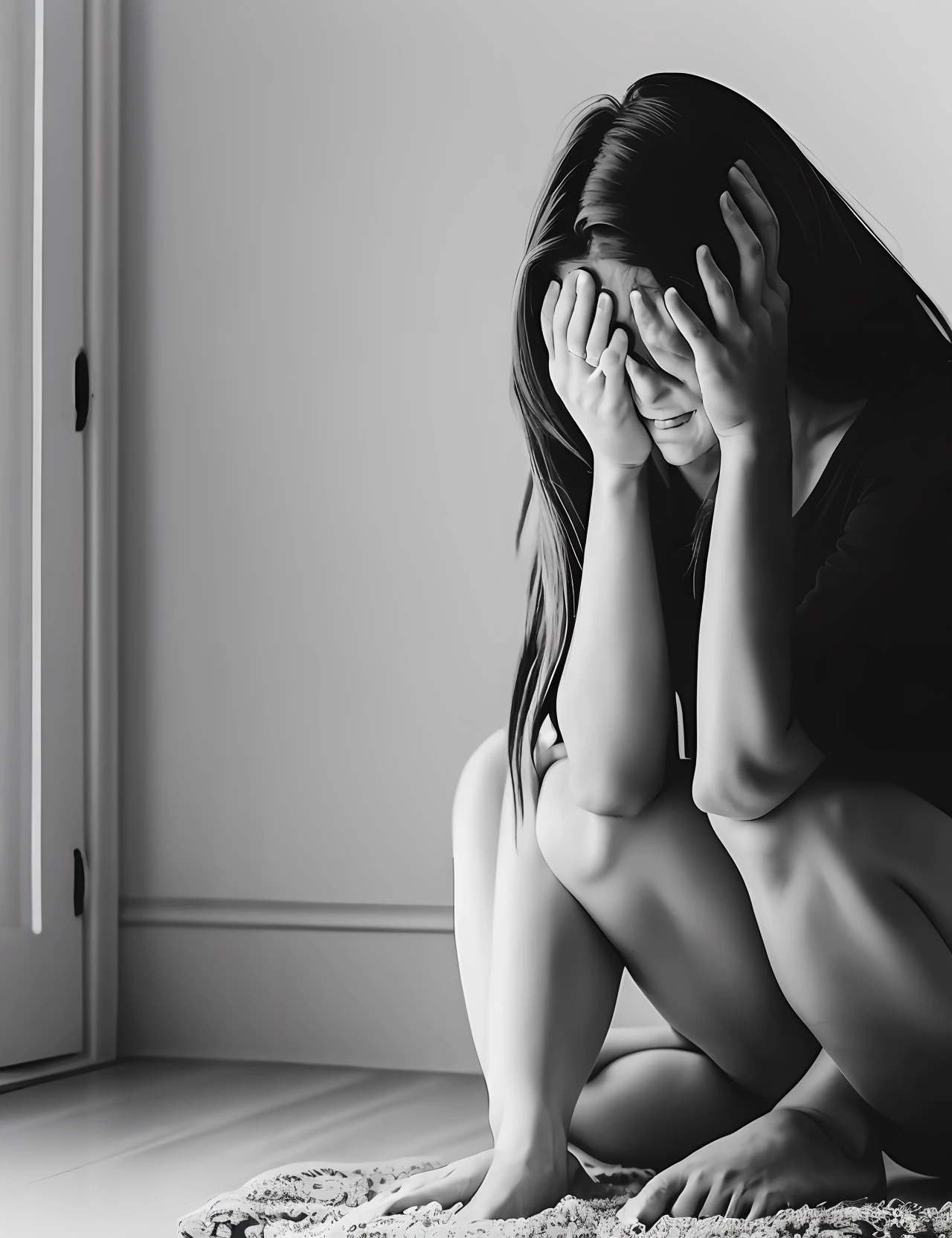 Black and white photo of 25-year-old woman sitting on the floor with her hands on her face crying