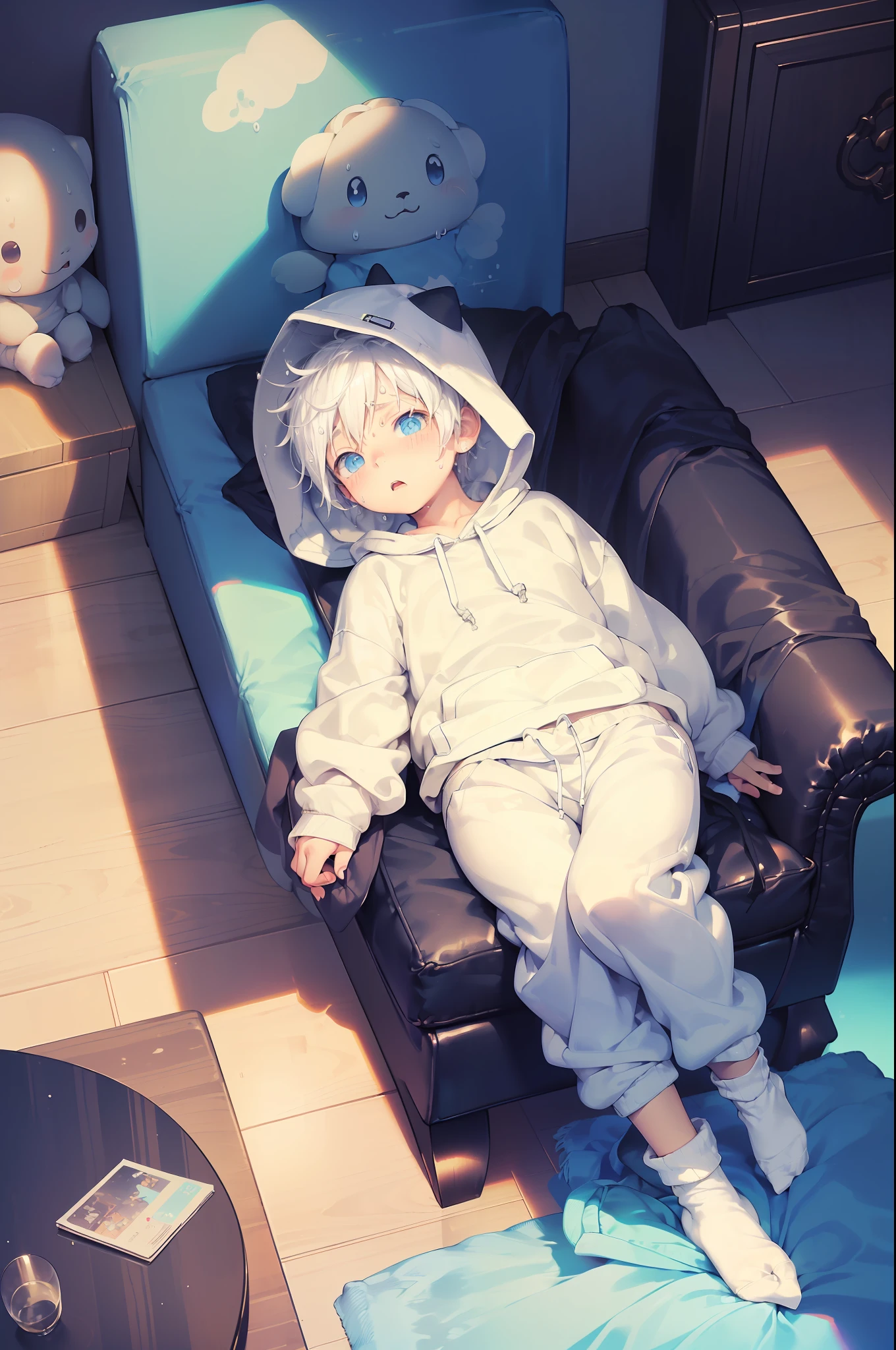 chubby Little boy with white hair and shiny blue eyes and colorful socks wearing a hoodie, and oversized sweatpants sitting on a couch, blushing, drooling, young, boy, child, small, toddler, soft light, (sweatpants:1.8), (socks:1.4), (little boy:1.4), (shota:1.4), (cute:1.4), (small:1.6), (undersized socks:1.4), (hoodie:1.6)