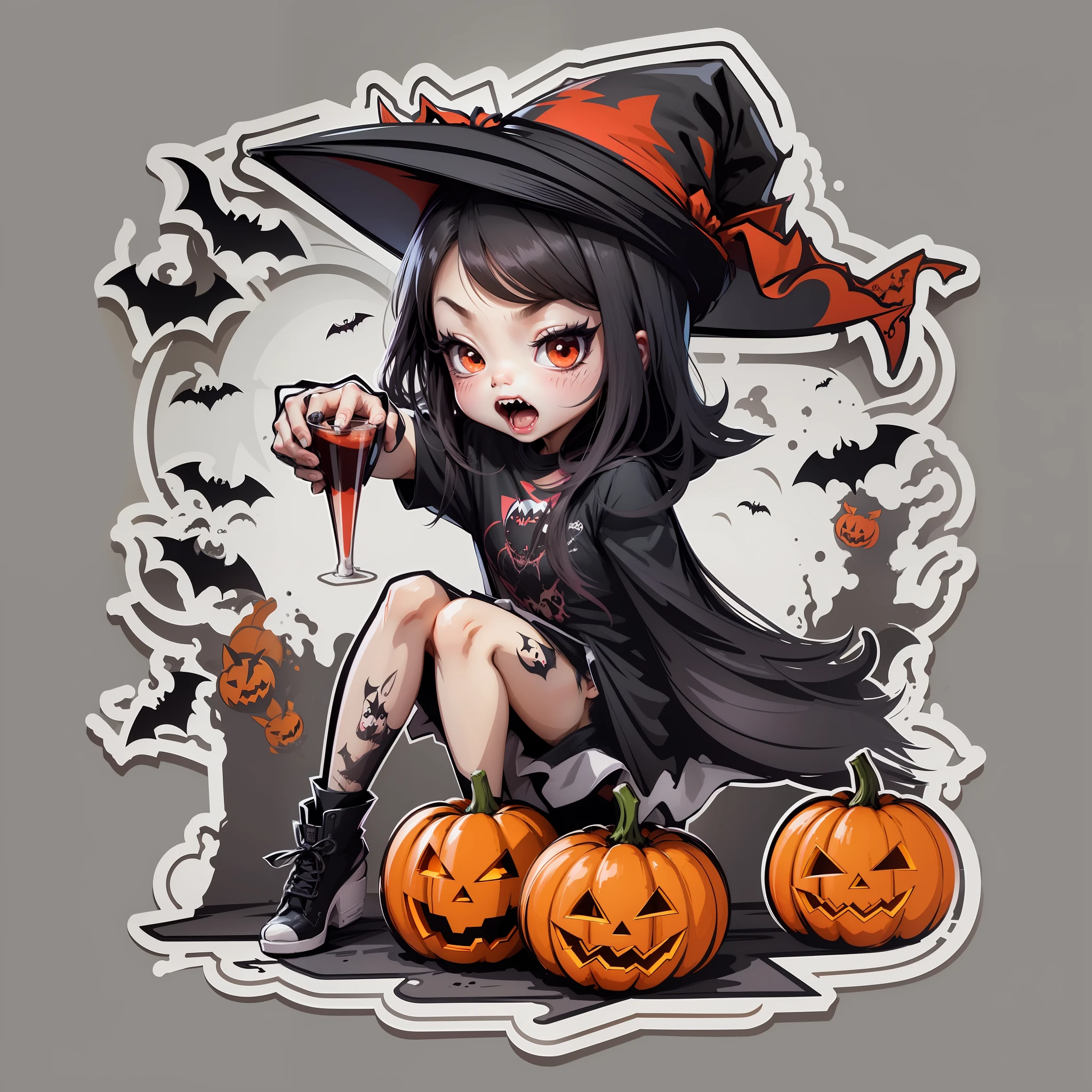 print ready vector t-shirt design, illustration kawaii vampire celebrating halloween, side view, sticker, clean white background, professional vector, high detail, t-shirt design, graffiti, vibrant,