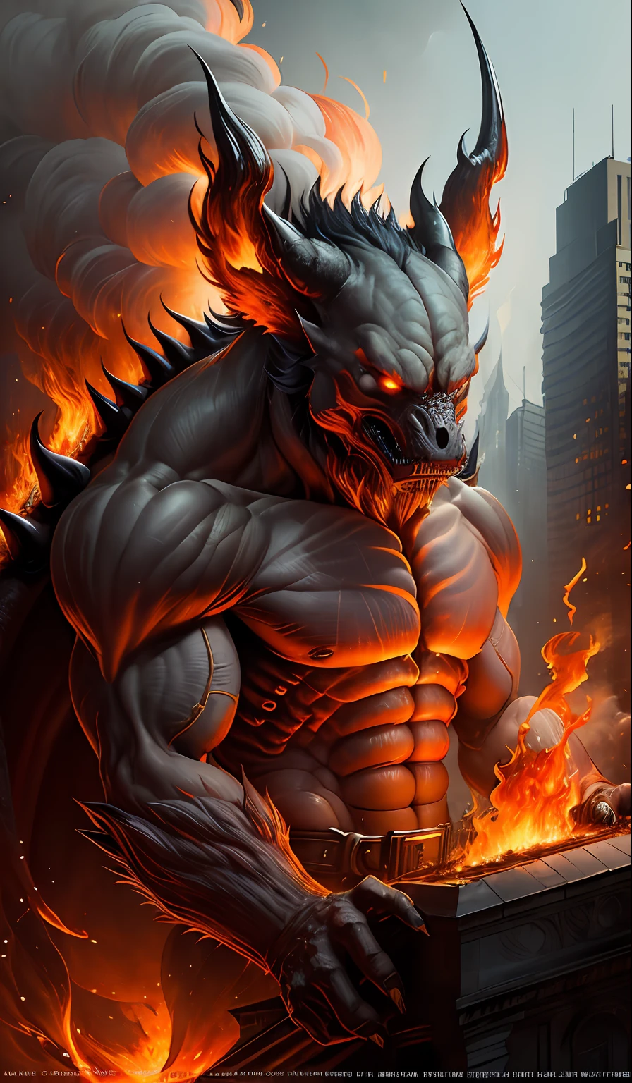 (Award-winning digital artwork:1.3), (Masterpiece, Ultra-detailed:1.3), portrait,Solo Focus, (Fire Demon),(Monster the size of a building),Ifrit, smoke, Feu, buildings on fire, mort, Destruction, complexe