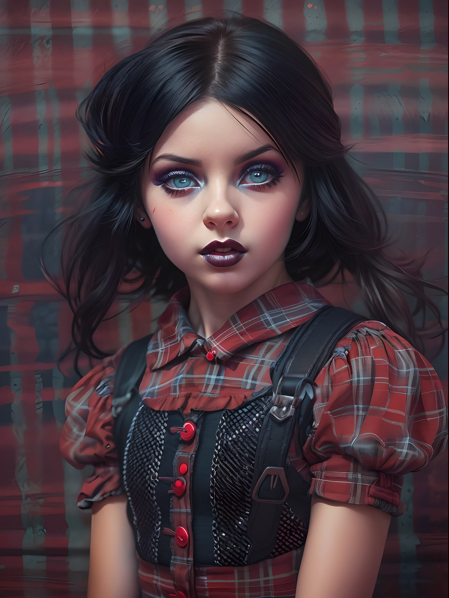 Cute little (Yulia Volkova, Strong Gothic Makeup) with black hair in a plaid dress, Hyper-realistic, insanely detailed, Gaston Bussière's style,  John Wilhelm --ar 3:4 --s 750