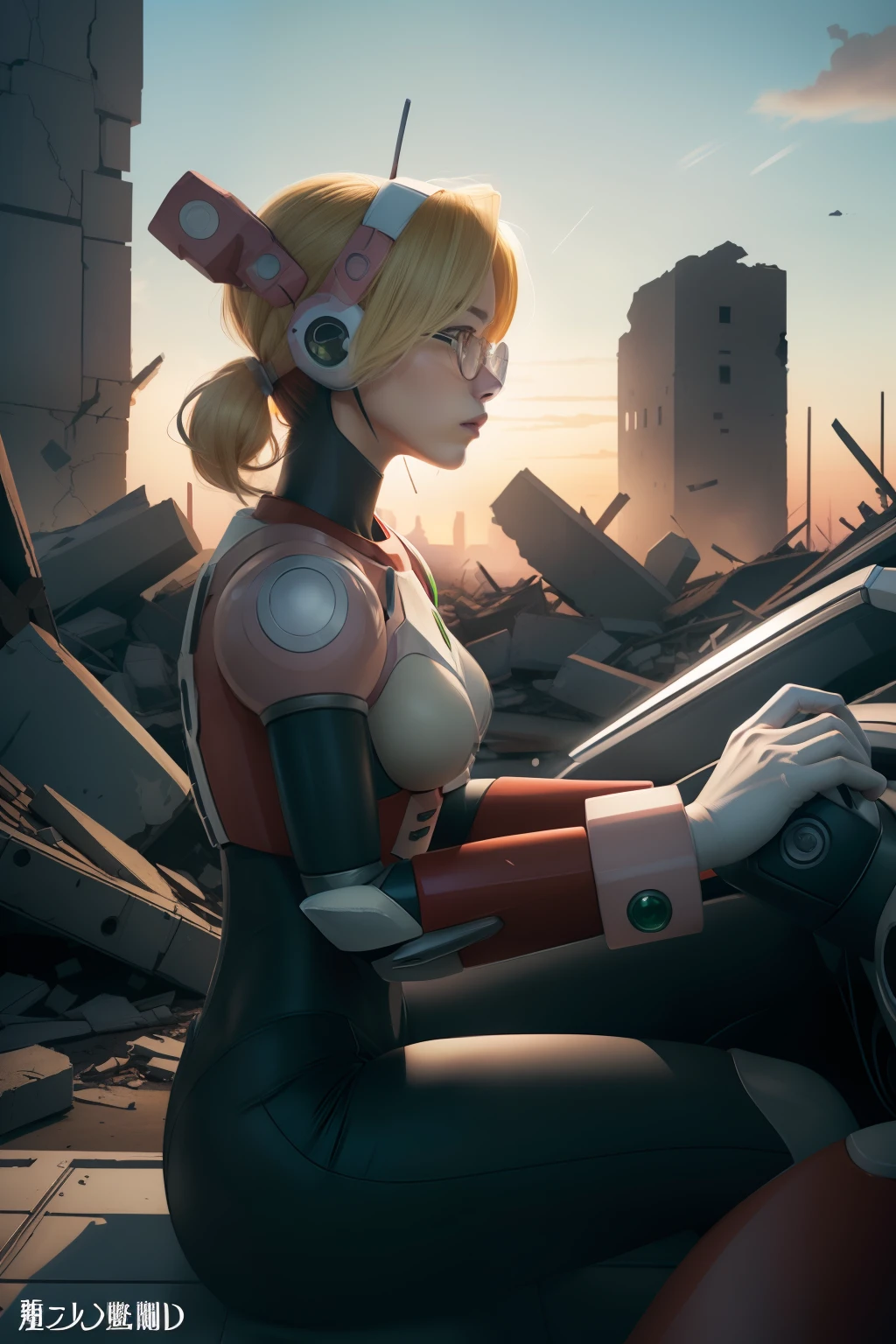 highres, 4k, (best quality:1.4), detailed illustration, solo, sitting, (yokozuwari:1.2), sad, (looking away), alia_megamanx, blue eyes, blonde hair, android, hair bun, robot ears, cinematic lighting, (dim lighting), dark, (destruction, ruins:1.2), gradient, pastel colors, glasses