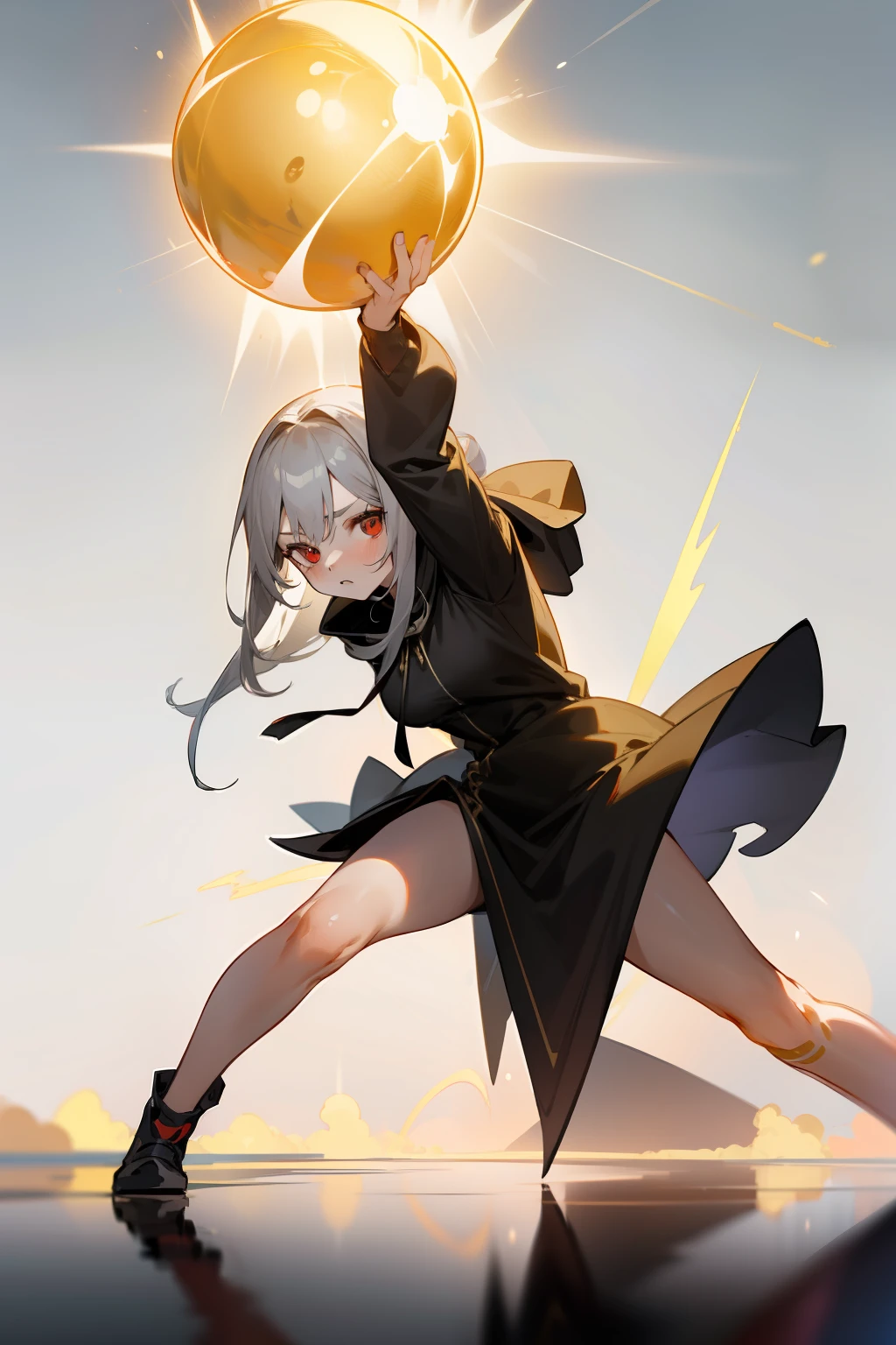 1girl in, (red eyes)、radiant eyes、 Long grey hair、 aiming at viewer, Golden Ball of Light、Dynamic Action Pose,masterpiece, detailed shadow, Detailed light, ighly detailed, top-quality, hard disk, in 8K, hightquality,Girl in black hood、Clear face、Background of devastated land、Lightning strikes、bare-legged、The ground is a puddle(Fighting stance)、beautiful digital works of art、