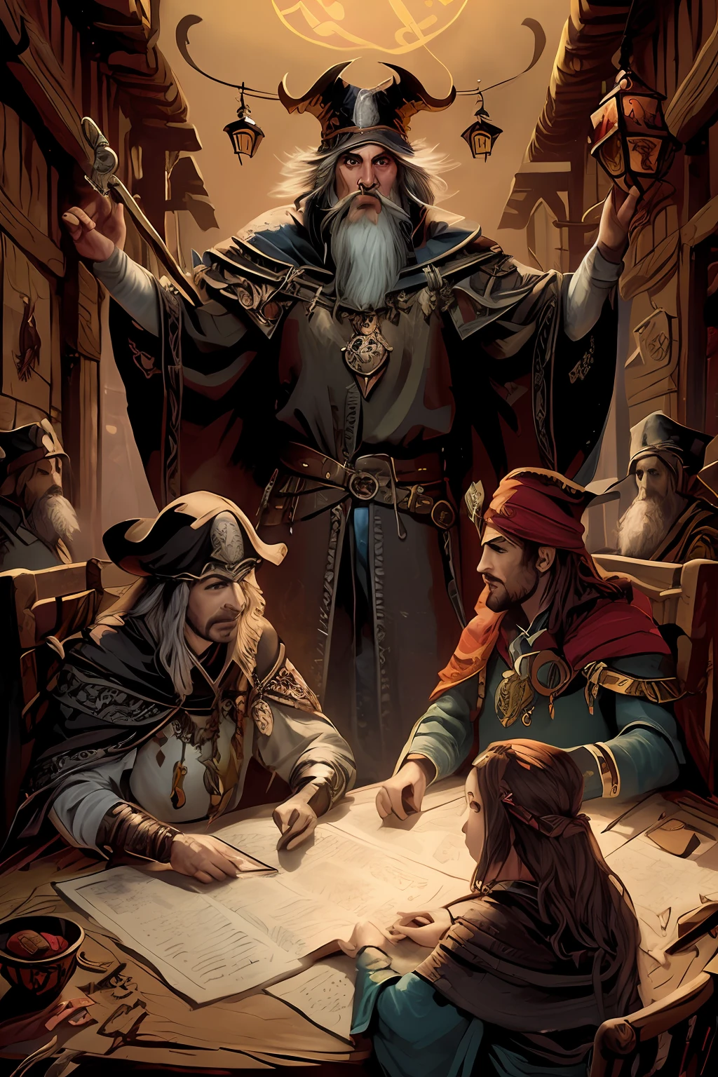 uma pintura de um grupo de pessoas sentadas ao redor de uma mesa, lawther sit at table playing dnd, arte do jogo de RPG, piratas em uma taverna, Inkarnate, arte da capa do jogo de tabuleiro, Do Pathfinder, high quality dnd illustration, d & d character reveal, dungeons and dragons portrait, Dungeons and Dragons, Jogo de RPG de mesa, dungeons and dragons art