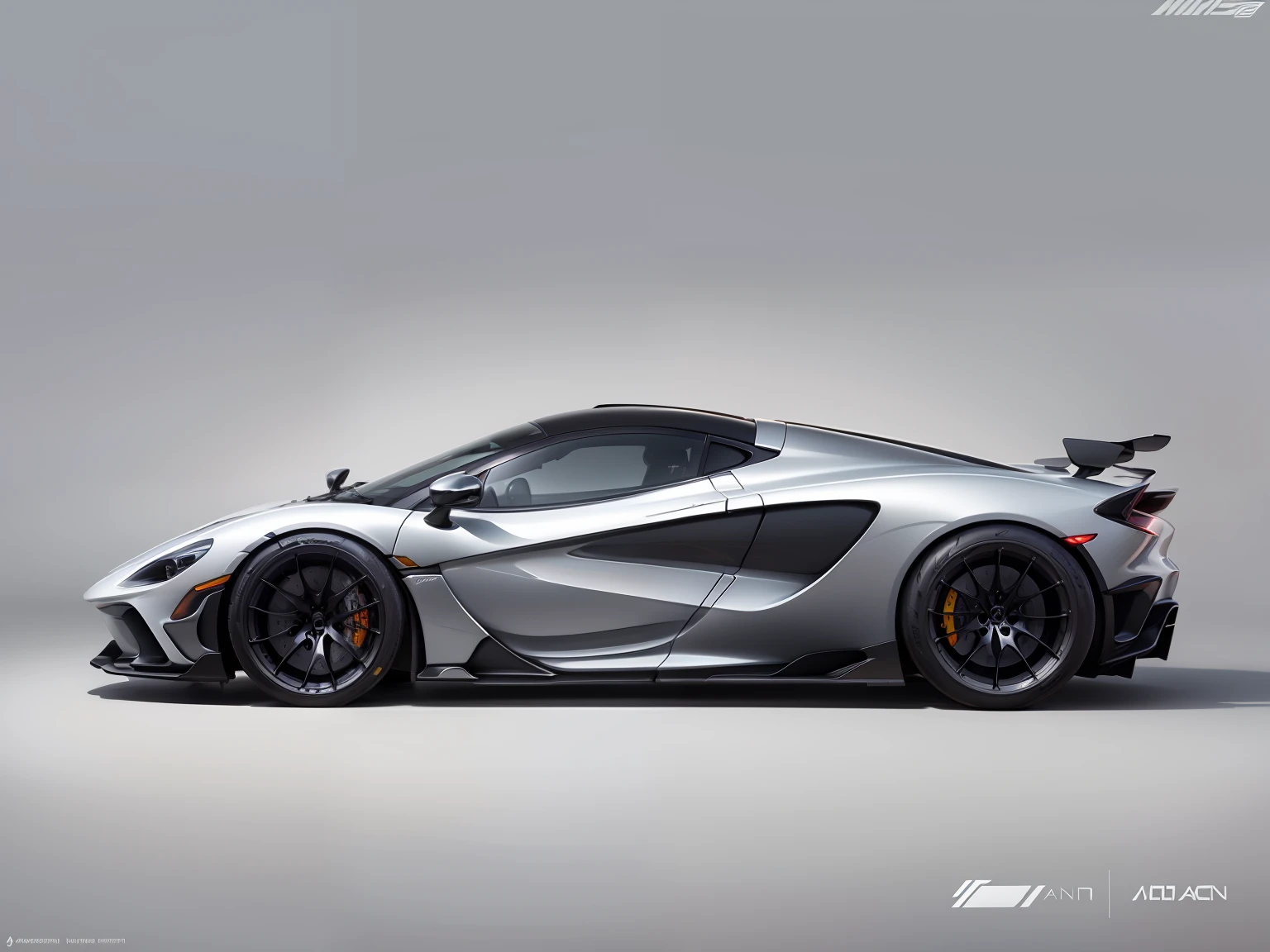 McLaren P1 rear styling,Lotus Avia lateral line,Aston Martin Valkyrie slender body,Silver car paint,Black roof,Tailless design。
