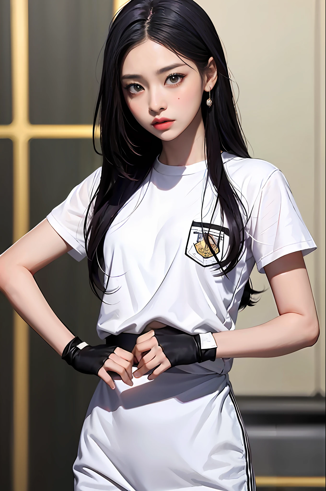 tmasterpiece，best qualtiy，（Dark photograph：1.3），realisticlying，1girl，flat bangs，stunning innocent symmetry face，The shirt，Emotional，ulzzang，（PureErosFace_V1：0.7）Purple pupils，ninjartist，gloves on the elbow，wielding a flaming sword，karate stance,
Eye details are delicately depicted，largeeyes