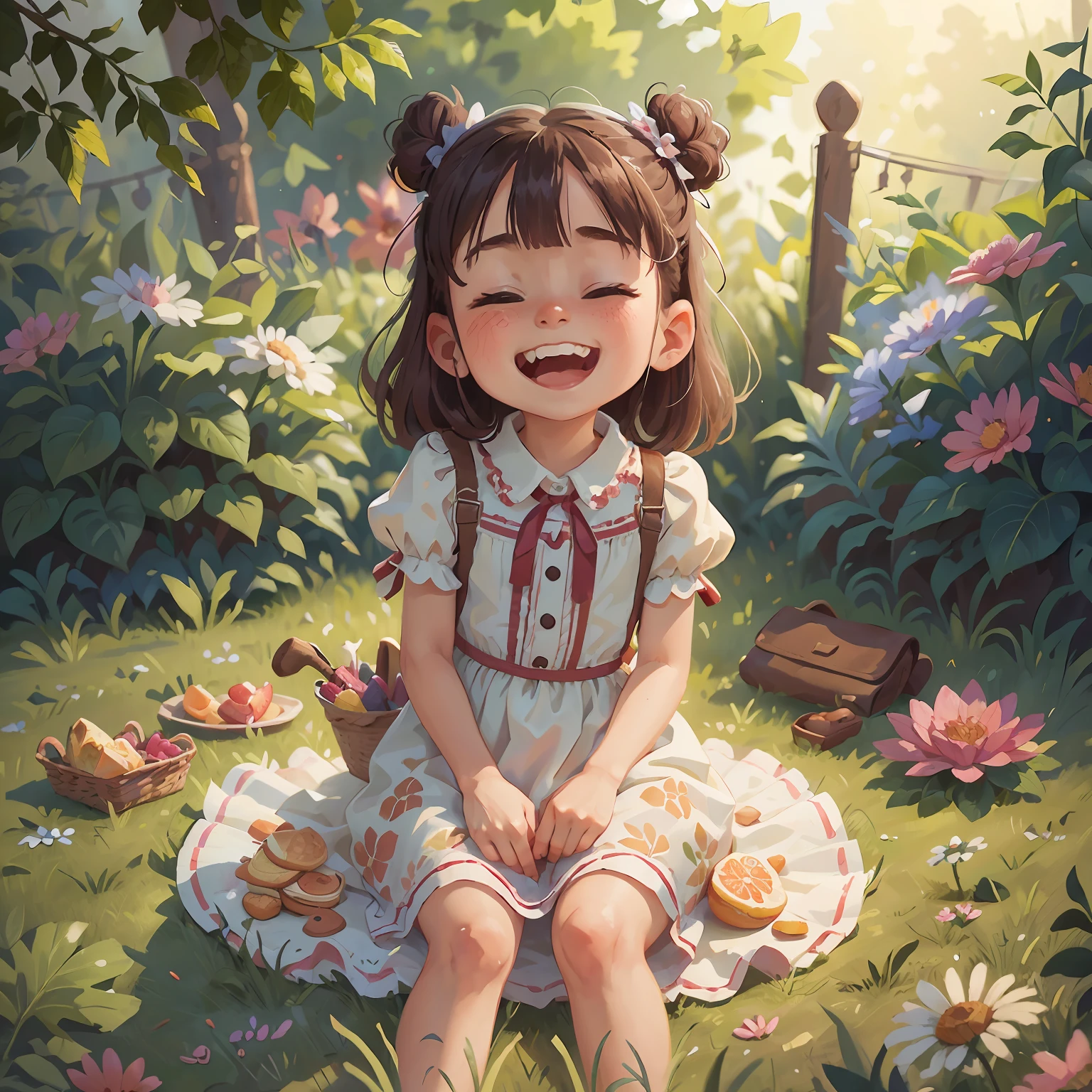 Best quality, masterpiece, UHD, a little girl having a picnic in the garden, summer dress, she has a cute face, 2 years old, very cute and childish, laughing, showing teeth, squinting