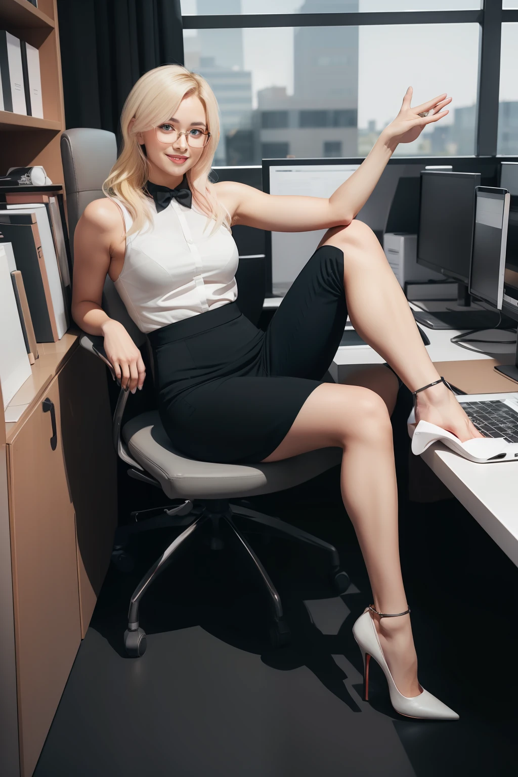 highres, 4k, (best quality:1.4), solo, sitting on office chair, leaning back, white formal shirt, black pencil skirt, (office lady:1.1), glasses, ,sleeveless, high heels, seductive smile, blush, alia_megamanx, blue eyes, blonde hair, long hair, cinematic lighting,