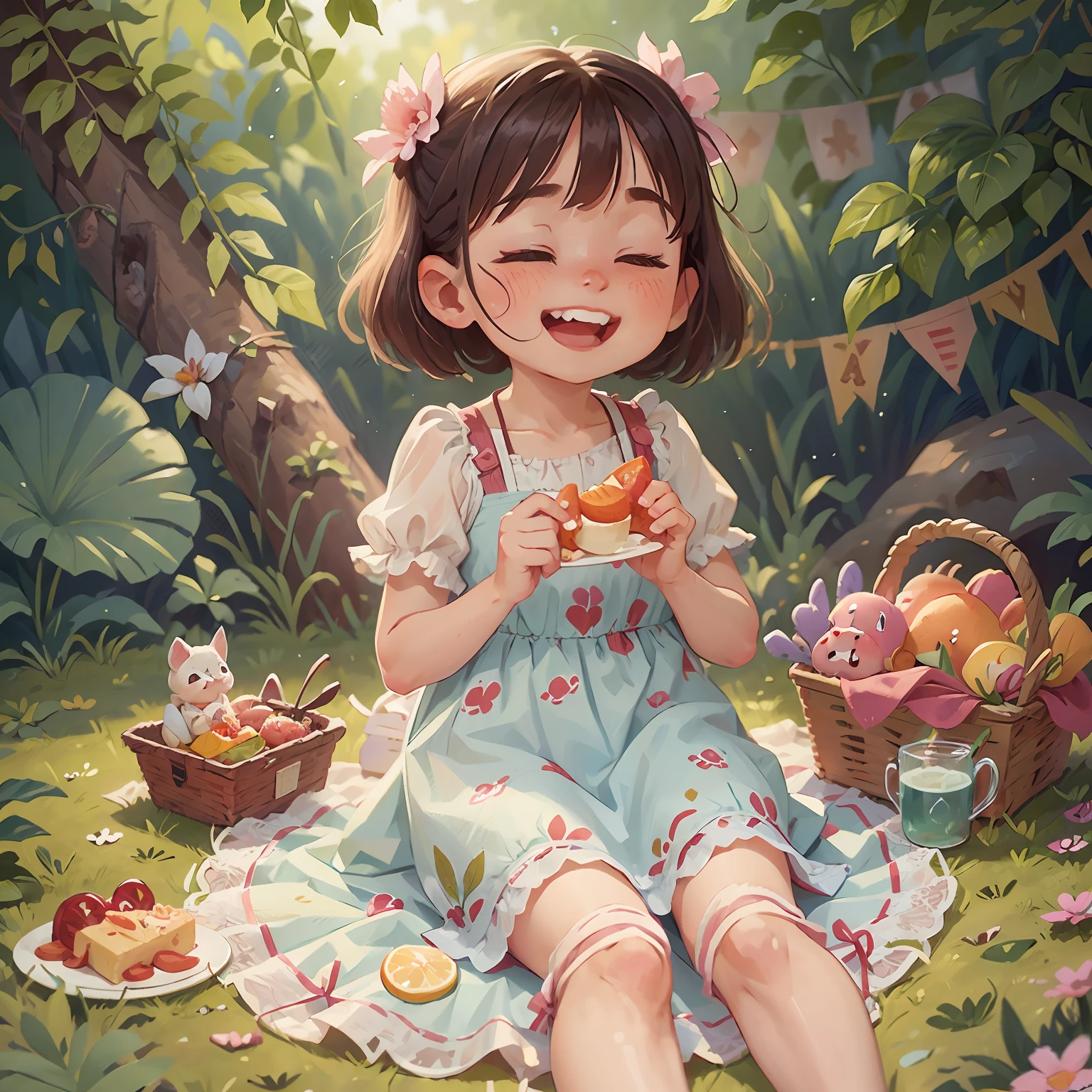 Best quality, masterpiece, UHD, a little girl having a picnic in the garden, summer dress, she has a cute face, 2 years old, very cute and childish, laughing, showing teeth, squinting