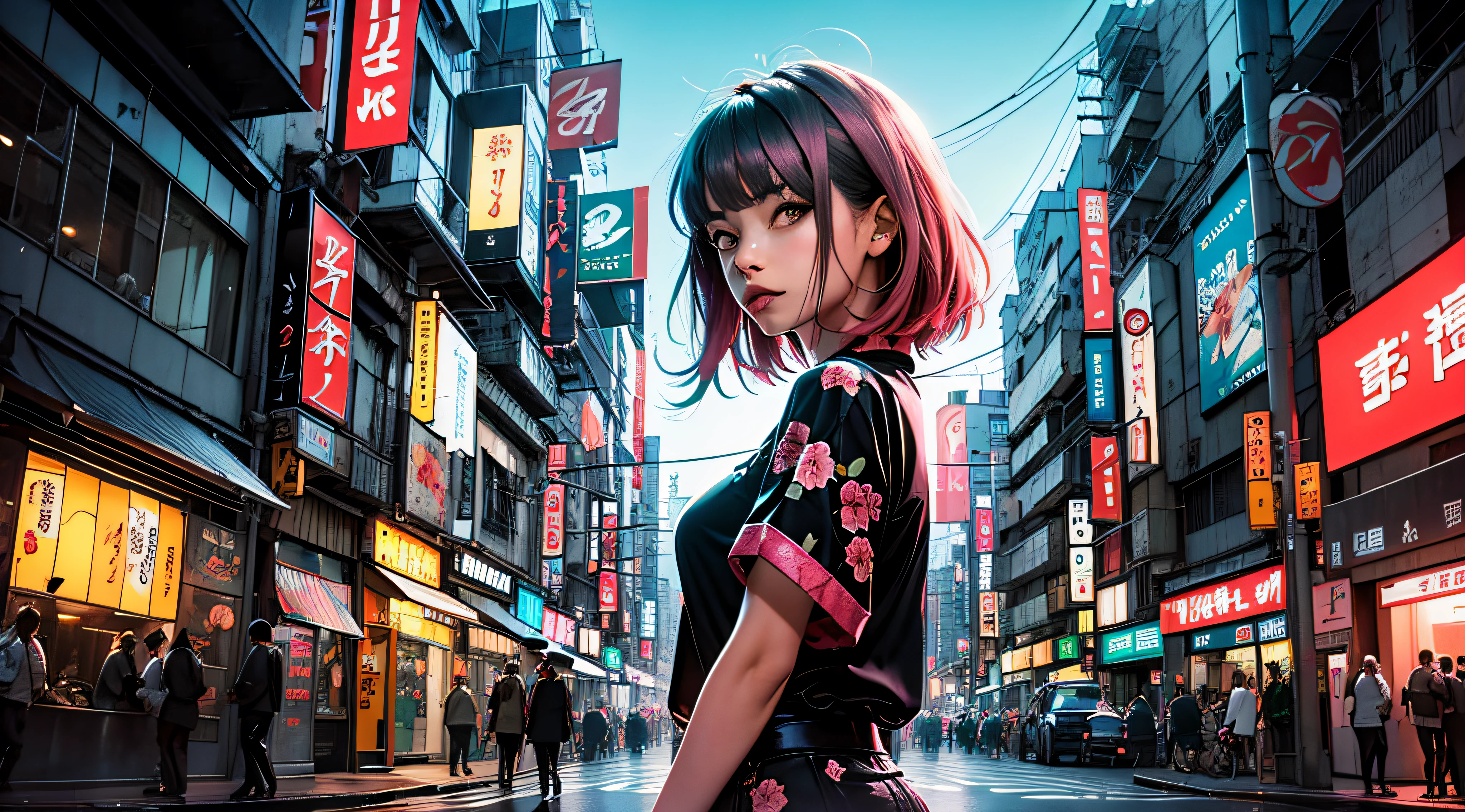 black pink ,garota com cabelos rosa olhos azul e um verde , ao fundo cidade japonesa a noite