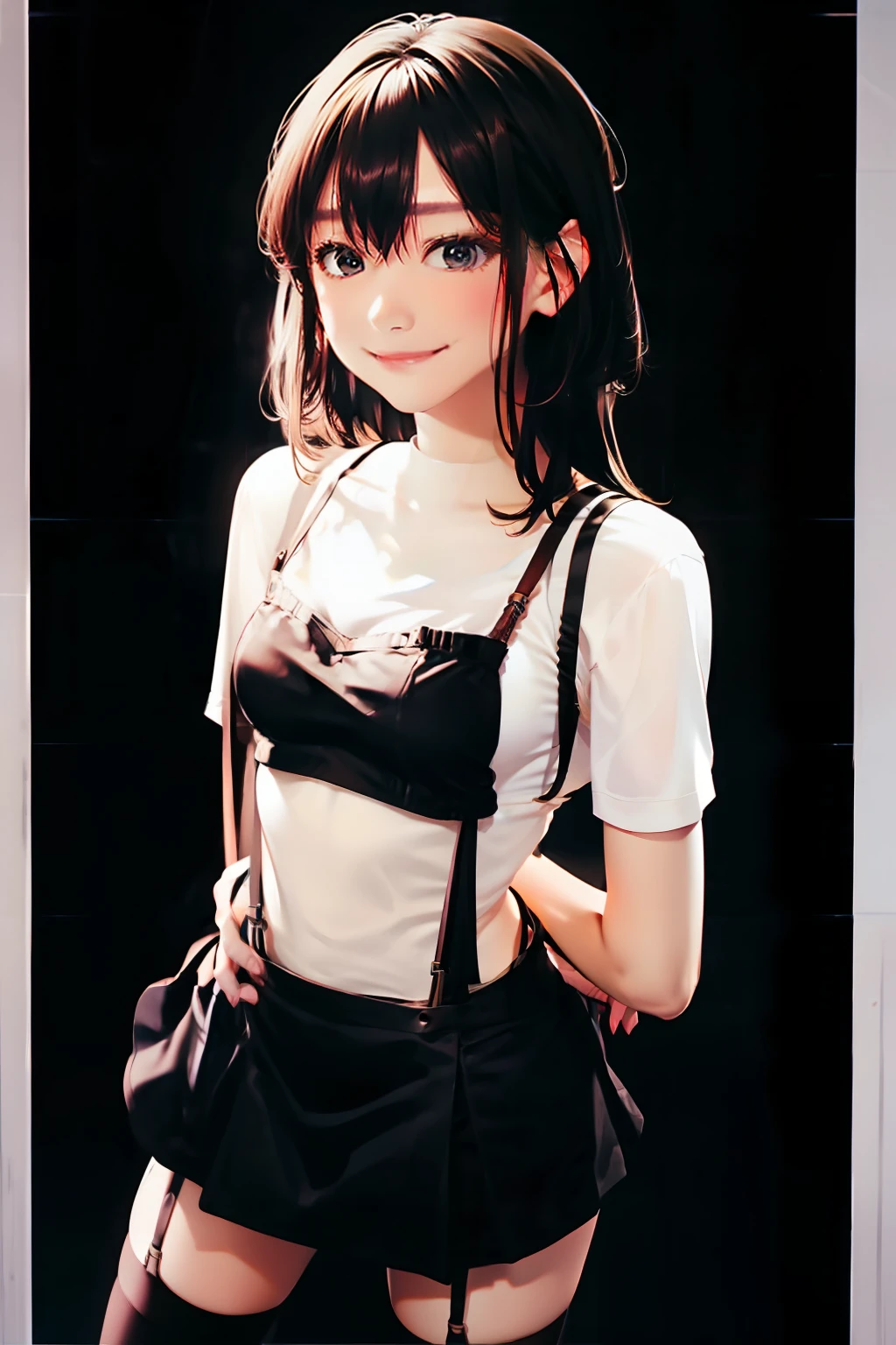 Moderate milk suspenders garters A smile Black stockings Tank tops flank hason a miniskirt Brown hair Gray eyes flank Fold your hands behind your back