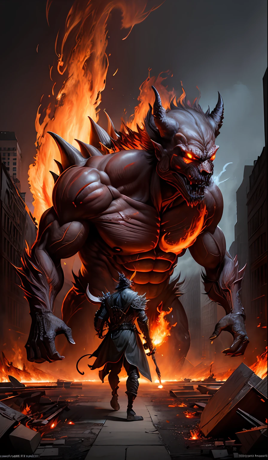 (Award-winning digital artwork:1.3), (Masterpiece, Ultra-detailed:1.3), portrait,Solo Focus, (Devil demon armed with fire),(Monster the size of a building),Ifrit, smoke, Feu, buildings on fire, mort, Destruction, complexe
