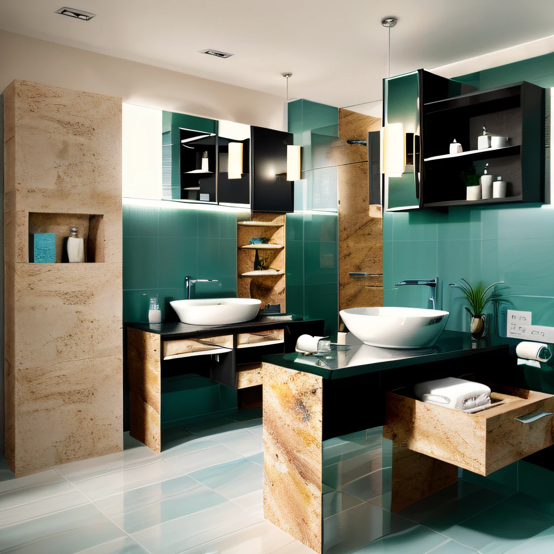 sala comercial, bathroom counters, arquitetura real, espelheiras lindas, monstruario de moveis, Overlapping sink on counters.
