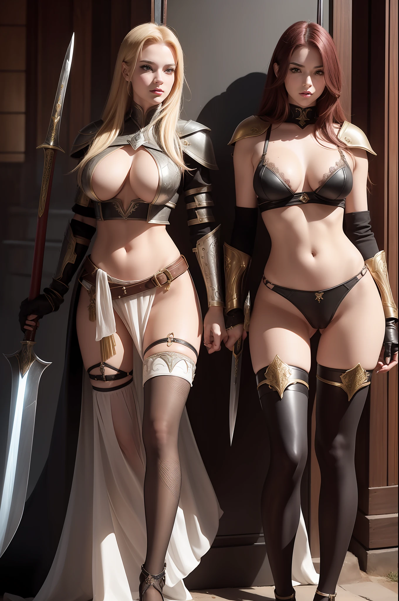 Two stunning female knights with detailed face, flawless features and slender figures vibrant multicolored hair, ample bosoms, huge breasts, detailed erect nipples, standing side by side, wearing sleek leather armor that reveals their toned midriffs, cleavage, and thighs, sexy stockings, (no panties:1.5), detailed vagina, (pussy juice:1.2). They stride confidently in high heels and don gloves, wielding a variety of weapons including swords, maces, axes, and shields. The scene exudes a sense of fantasy and takes place in an unpredictable location (NFSW).