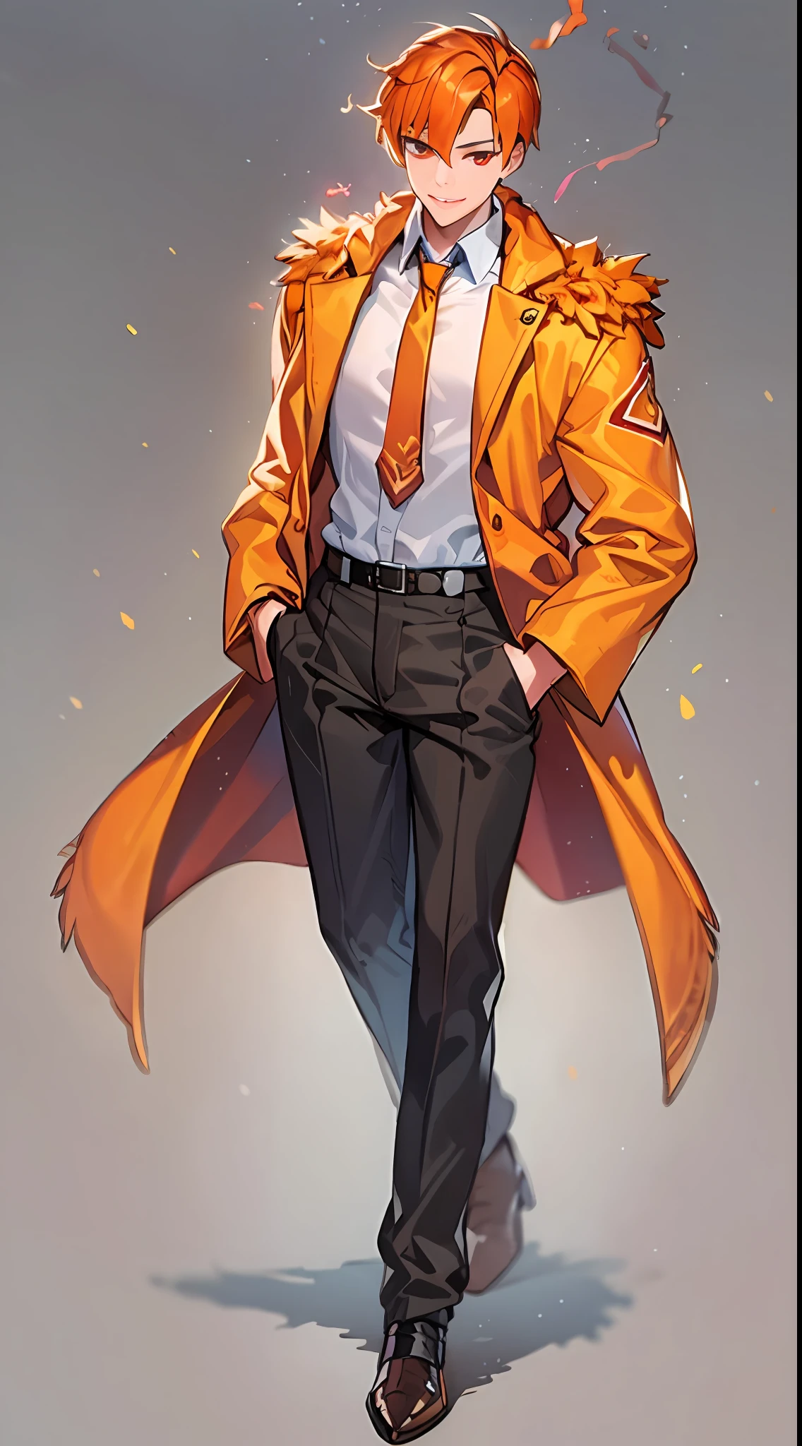 (best quality, masterpiece1.2), detailed,1boy, solo,looking at viewer,simple background, Over-the-shoulder shot,
dynamic pose,smile ,detailed eyes , cowboy shot, red eyes, dark hair , buzz cut, office man, mature male, necktie, muscular male, masculine face1:1, grabbing colar
glowing orange hair ,flame particles , orange fur coat,