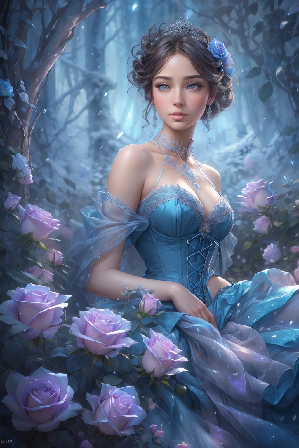 This is realistic (((fantasy))) artwork set in the frozen blue rose garden of an enchanted ice castle in winter and should consist of many shades of cold blue colors. It is snowing heavily. Generate a proud woman with a (((highly detailed face))) dressed in the billowing folds of a stunning French silk ballgown. The woman's elegant face is ((((highly detailed, with realistic features and soft, puffy lips.)))) The ballgown is embellished with ruffles, sashes, and bows and a delicately, but intricately, hand-embroidered bodice. The corset features silk ribbon. She is wearing Victorian royal winter outer clothes. The woman's stunning eyes are beautifully detailed, featuring realistic shading and multiple colors, and in high resolution. The woman is in a garden of eternal roses, each one beautifully formed and highly detailed. These realistic blue roses feature shimmering shades of light blue, dark blue, silver, and glimmering blue-purple. The eternal rose is a deep shade of periwinkle with shimmering iridescent overtones and undertones. Ensure that the woman's face, hair, and eyes are perfect. realism, high fantasy, whimsical fantasy, storybook fantasy, fairytale fantasy, fantasy details, enchanting, bewitching, 8k, hires, CGI, digital painting, unity, unreal engine, (((masterpiece))), intricate, elegant, highly detailed, majestic, digital photography, art by artgerm and ruan jia and Greg Rutkowski, (masterpiece, finely detailed beautiful eyes: 1.2), hdr, realistic skin texture, (((1woman))), (((solo))), Include a highly detailed face, extremely detailed face, and interesting background.