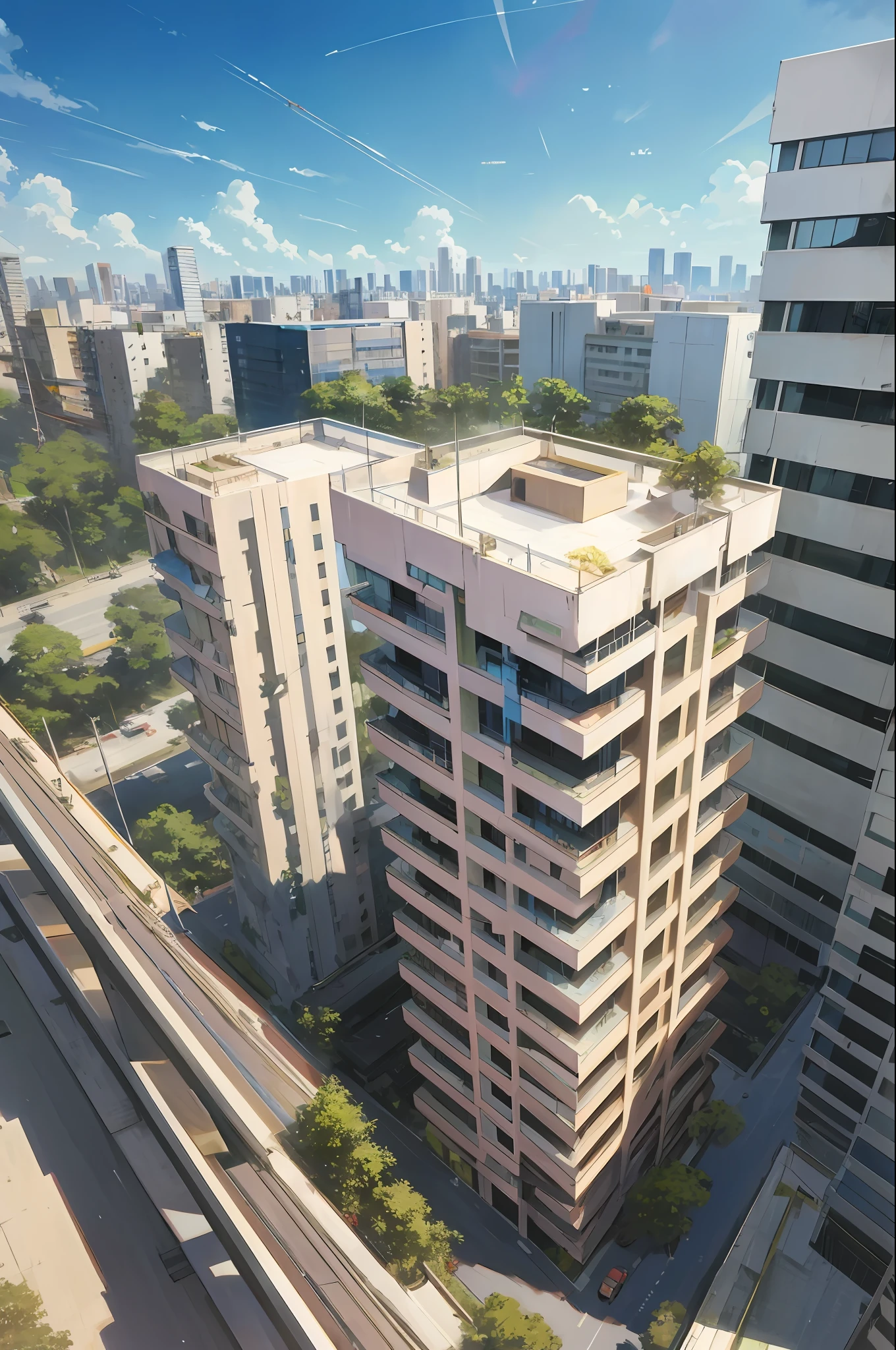 there is a large building with a lot of windows on it, sao paulo in the year 2 0 7 0, city rooftop, buildings photorealism, anime style cityscape, realistic architecture, futuristic sao paulo, realistic anime 3 d style, realistic painting of a complex, skyscrapers with greenery, highly detailed illustration.”, tall buildings on the sides, city high-rise