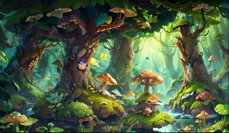 Mushroom forest with glass goblet，s fractal art，sakuratree，frogs，bird，morning glory，bigtree，butterflys，lotuses，River，Flowers，four-leaf clover，Rose，Cyber Mushroom Forest，Ultra-detailed digital fantasy art。Mushrooms are everywhere in the picture，The unique mushroom shape creates a magical casa scene