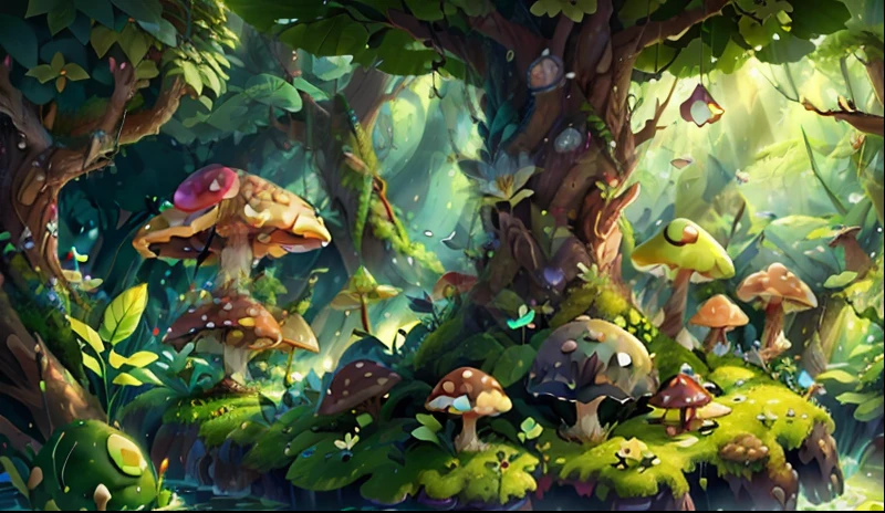 Mushroom forest with glass goblet,s fractal art,sakuratree,frogs,bird,morning glory,bigtree,butterflys,lotuses,River,Flowers,four-leaf clover,Rose,Cyber Mushroom Forest,Ultra-detailed digital fantasy art。Mushrooms are everywhere in the picture,The unique mushroom shape creates a magical casa scene