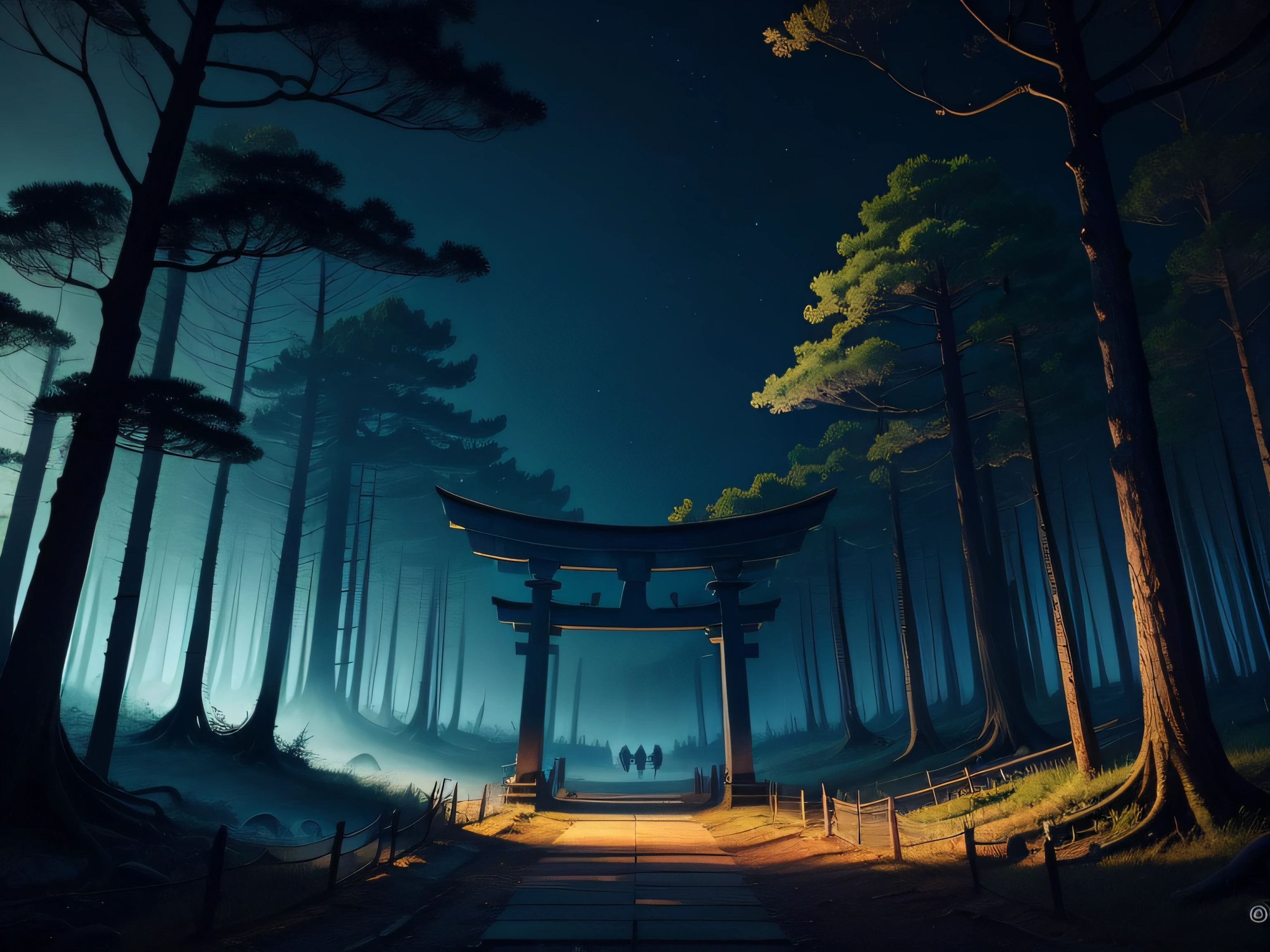 Background with、Torii gate in the ruined forest at night、Overall color:Blue Dark、Fantastical