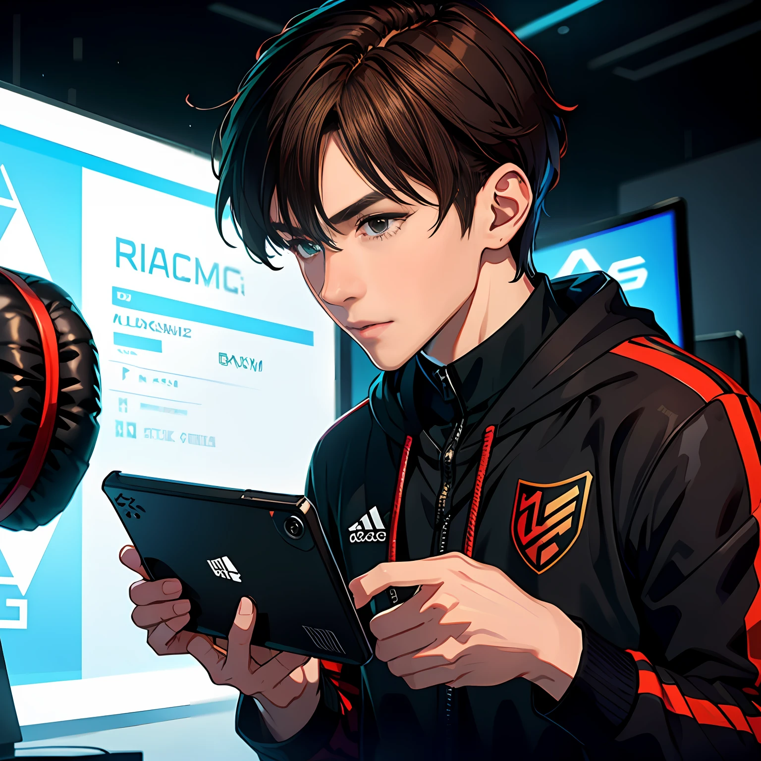 A handsome young man with brown hair，wearing black clothes，In the field of esports，Bring headphones，Playing handheld game consoles