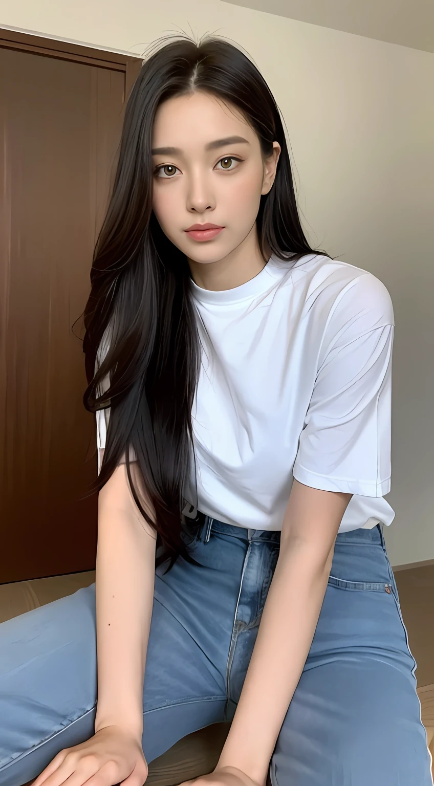 ((Best Quality, 8k, Masterpiece: 1.3)), Odak: 1.2, Perfect Body Beauty: 1.4, Buttock: 1.2, ((long hair)), ( Region: 1.1), (sun, Sokak:1.3), -Interior-the-Shoulder black T-shirt : 1.1, Highly detailed facial and skin texture, Beautiful eyes, Double eyelids, Beyaz ten, sin home , real life, real lighting in full body, evde koltukta oturan