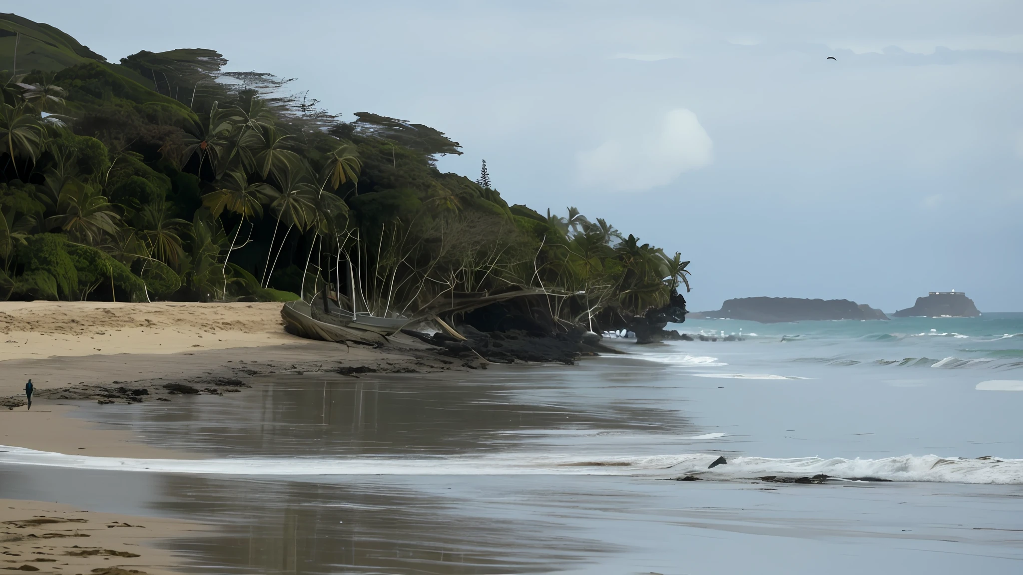 There's a man walking along the beach with a surfboard, perto de um cais, beach trees in the background, praia em primeiro plano, muito perto da natureza real, em uma praia tropical, in a beachfront environment, lugar bonito, very realistic, ilha ao fundo, vista de baixo, Junto ao mar, de lado, vista de lado, muito realista