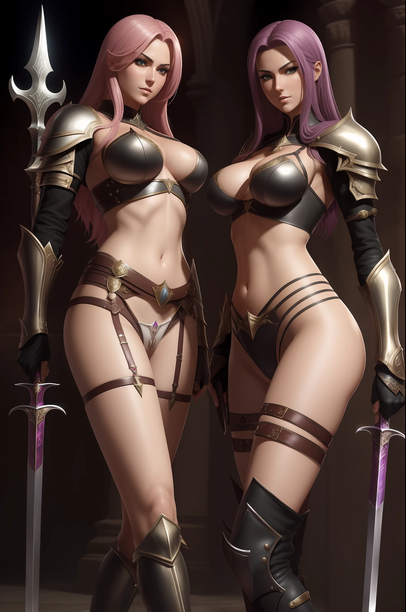 Two stunning female knights with detailed face, flawless features and slender figures vibrant multicolored hair, ample bosoms, huge breasts, detailed erect nipples, standing side by side, wearing sleek leather armor that reveals their toned midriffs, cleavage, and thighs, sexy stockings, (no panties:1.5), detailed vagina, (pussy juice:1.2). They stride confidently in high heels and don gloves, wielding a variety of weapons including swords, maces, axes, and shields. The scene exudes a sense of fantasy and takes place in an unpredictable location (NFSW).