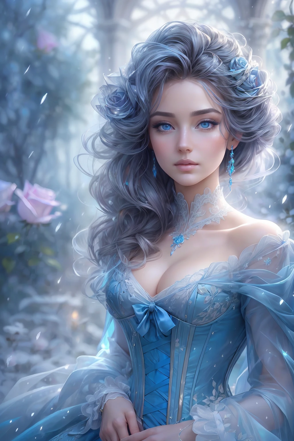This is realistic (((fantasy))) artwork set in the frozen blue rose garden of an enchanted ice castle in winter and should consist of many shades of cold blue colors. It is snowing heavily. Generate a proud woman with a (((highly detailed face))) dressed in the billowing folds of a stunning French silk ballgown. The woman's elegant face is ((((highly detailed, with realistic features and soft, puffy lips.)))) The ballgown is embellished with ruffles, sashes, and bows and a delicately, but intricately, hand-embroidered bodice. The corset features silk ribbon. She is wearing Victorian royal winter outer clothes. The woman's stunning eyes are beautifully detailed, featuring realistic shading and multiple colors, and in high resolution. The woman is in a garden of eternal roses, each one beautifully formed and highly detailed. These realistic blue roses feature shimmering shades of light blue, dark blue, silver, and glimmering blue-purple. The eternal rose is a deep shade of periwinkle with shimmering iridescent overtones and undertones. Ensure that the woman's face, hair, and eyes are perfect. realism, high fantasy, whimsical fantasy, storybook fantasy, fairytale fantasy, fantasy details, enchanting, bewitching, 8k, hires, CGI, digital painting, unity, unreal engine, (((masterpiece))), intricate, elegant, highly detailed, majestic, digital photography, art by artgerm and ruan jia and Greg Rutkowski, (masterpiece, finely detailed beautiful eyes: 1.2), hdr, realistic skin texture, (((1woman))), (((solo))), Include a highly detailed face, extremely detailed face, and interesting background.