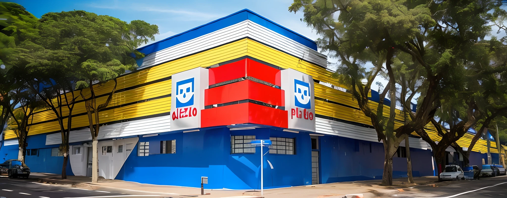 building brightly painted with a red, amarelo, e sinal azul, Building red - yellow - blue, platao, foto para uma loja, postapo, Jogo de Postapo, tiro exterior, helio oiticica, polariod, São Paulo, Lojas, imagem impressionante, courtyard, foto oficial da loja, foto corporativa, loja, Directed by: Matteo Pérez, In Sao Paulo, 4k