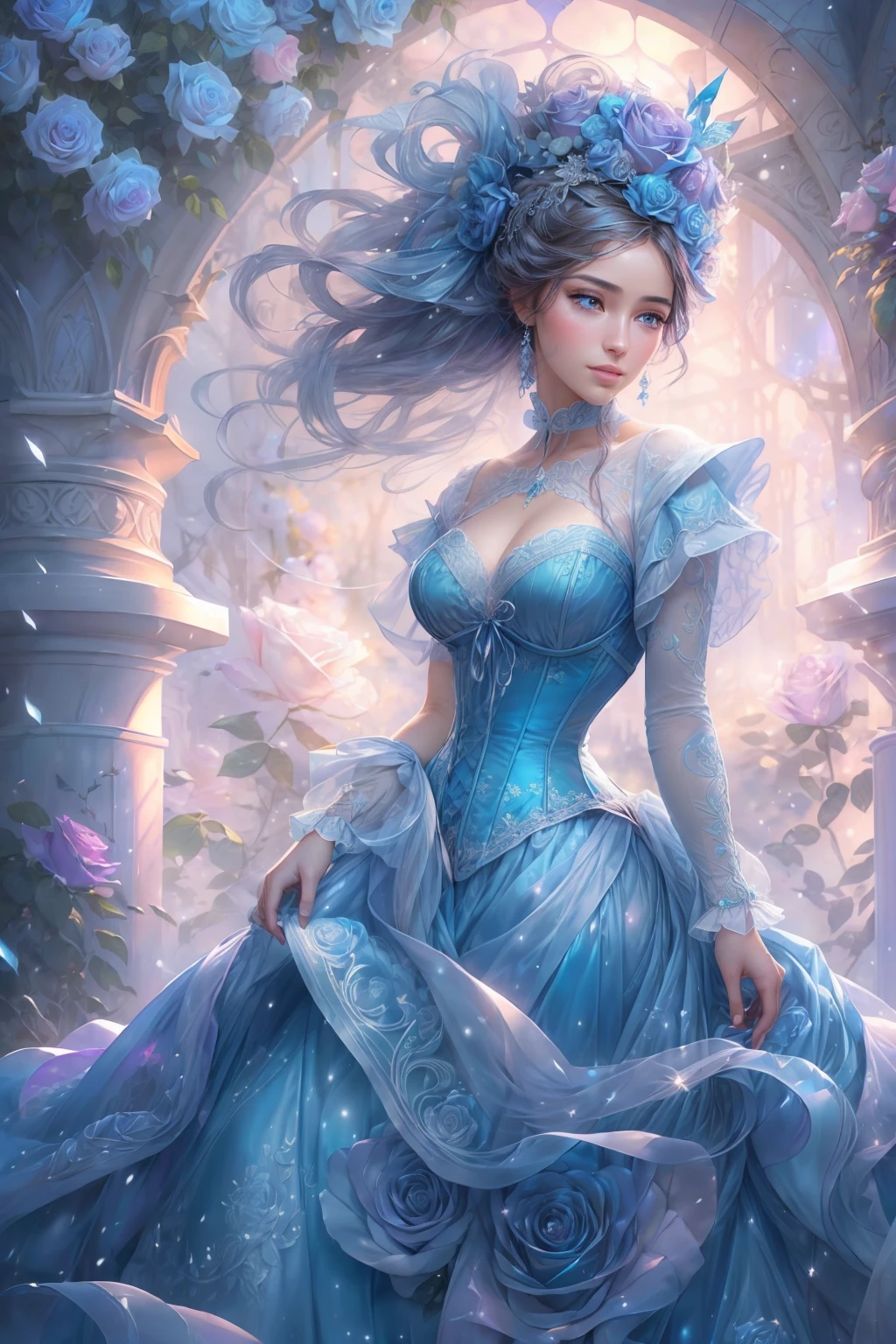 This is realistic (((fantasy))) artwork set in the frozen blue rose garden of an enchanted ice castle in winter and should consist of many shades of cold blue colors. It is snowing heavily. Generate a proud woman with a (((highly detailed face))) dressed in the billowing folds of a stunning French silk ballgown. The woman's elegant face is ((((highly detailed, with realistic features and soft, puffy lips.)))) The ballgown is embellished with ruffles, sashes, and bows and a delicately, but intricately, hand-embroidered bodice. The corset features silk ribbon. She is wearing Victorian royal winter outer clothes. The woman's stunning eyes are beautifully detailed, featuring realistic shading and multiple colors, and in high resolution. The woman is in a garden of eternal roses, each one beautifully formed and highly detailed. These realistic blue roses feature shimmering shades of light blue, dark blue, silver, and glimmering blue-purple. The eternal rose is a deep shade of periwinkle with shimmering iridescent overtones and undertones. Ensure that the woman's face, hair, and eyes are perfect. realism, high fantasy, whimsical fantasy, storybook fantasy, fairytale fantasy, fantasy details, enchanting, bewitching, 8k, hires, CGI, digital painting, unity, unreal engine, (((masterpiece))), intricate, elegant, highly detailed, majestic, digital photography, art by artgerm and ruan jia and Greg Rutkowski, (masterpiece, finely detailed beautiful eyes: 1.2), hdr, realistic skin texture, (((1woman))), (((solo))), Include a highly detailed face, extremely detailed face, and interesting background.