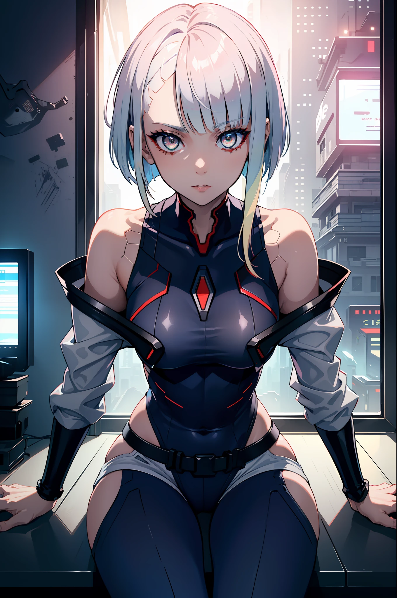 highres, highest quallity, illustration, ultra detailed, (detailed face), (detailed eyes), cinematic lighting, best quality, hyper detailed, masterpiece, 1girl, solo, grey eyes, short hair, multicolour hair, asymmetrical hair, belt, jacket, off shoulder, bodysuit, detached sleeves, hip vent, luminous eyes, medium breasts, (colorful), upper body, from above, sitting, looking at viewer, indoors, inside a spaceship, futuristic, window