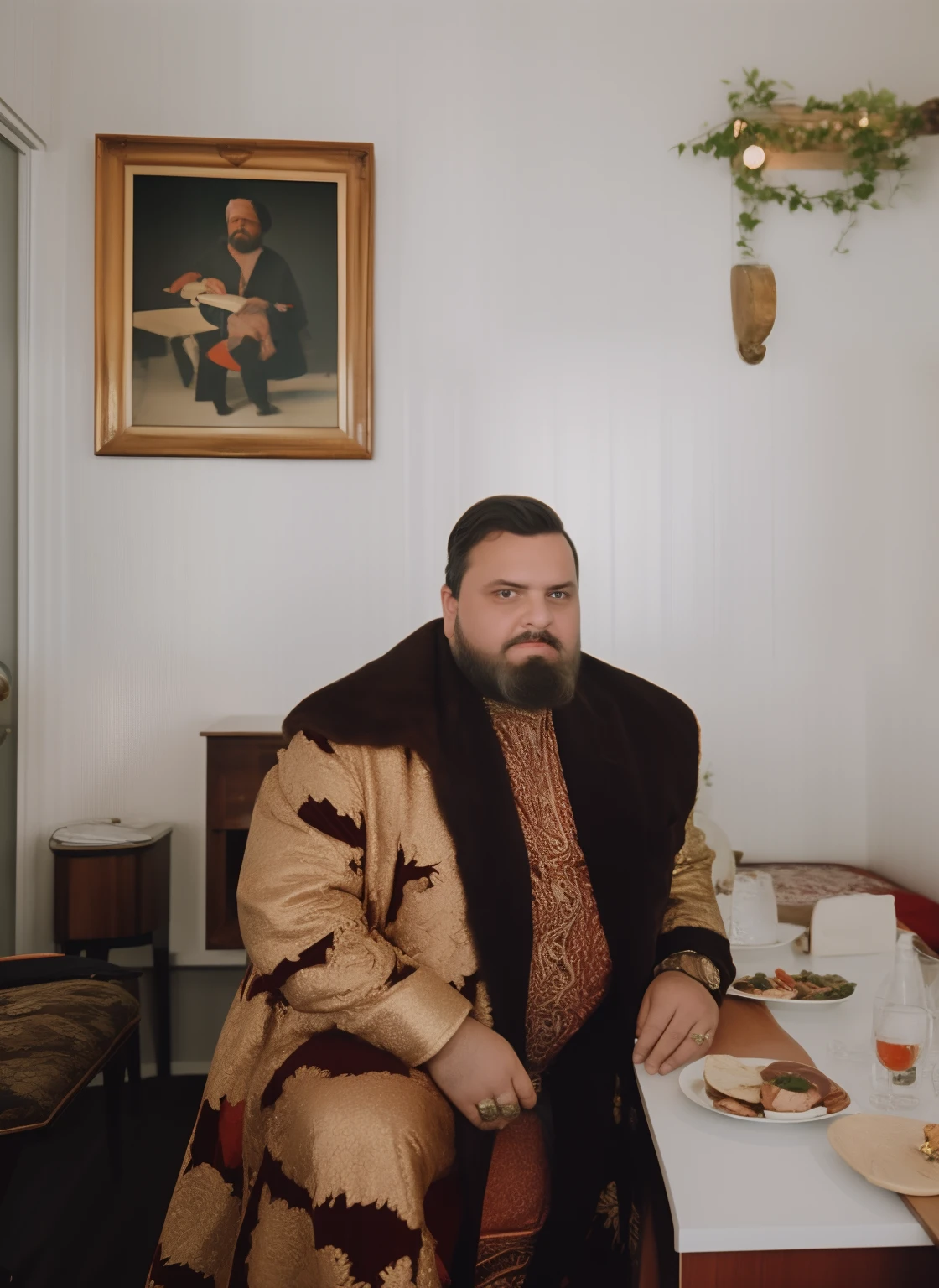 foto retrato, um homem gordo, bebendo vodka na cozinha, rosto, barba, jaqueta Gucci branca elegante, (altamente detalhado, liso, foco nítido, profesional lighting),