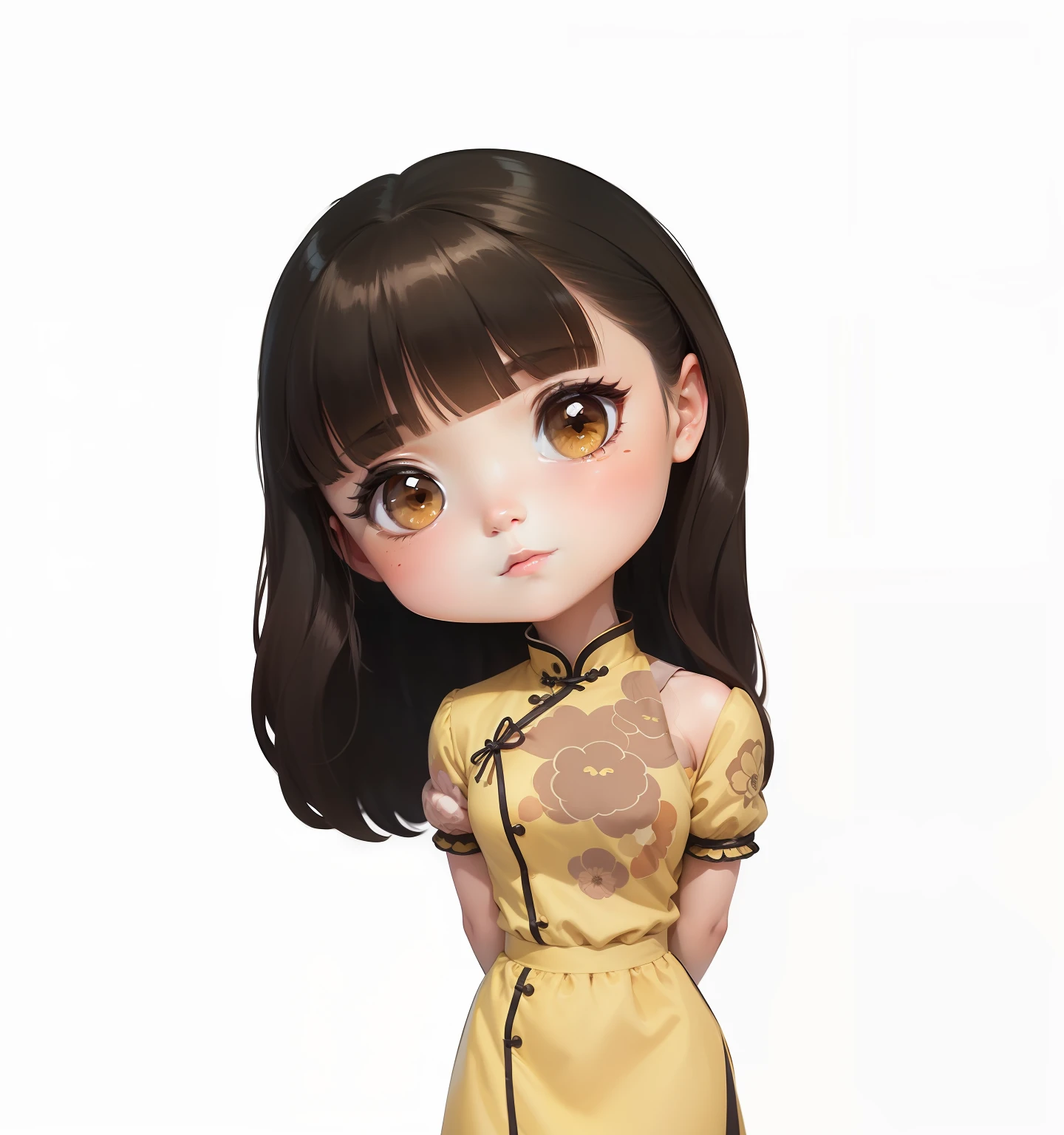 a cartoon girl with a yellow dress and a brown hair, cute art style, cartoon artstyle, kawaii realistic portrait, cute portrait, cute detailed digital art, inspired by Ma Yuanyu, in the art style of bowater, chibi girl, cute digital art, chinese girl, charicature, cheongsam, cartoon style illustration, cute cartoon style, cartoon portrait