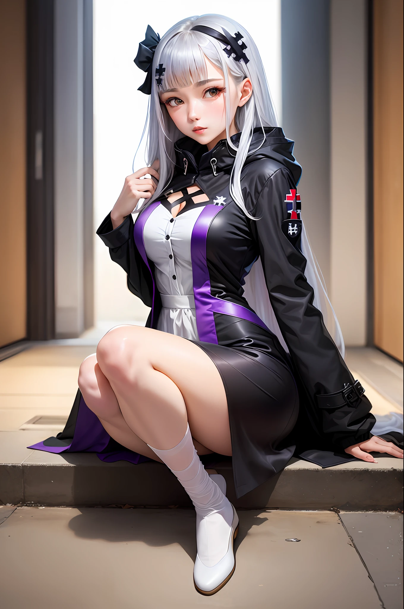 Maiden front HK416 Silver white spread long hair with iron cross haircard black coat knee-length white silk purple dress