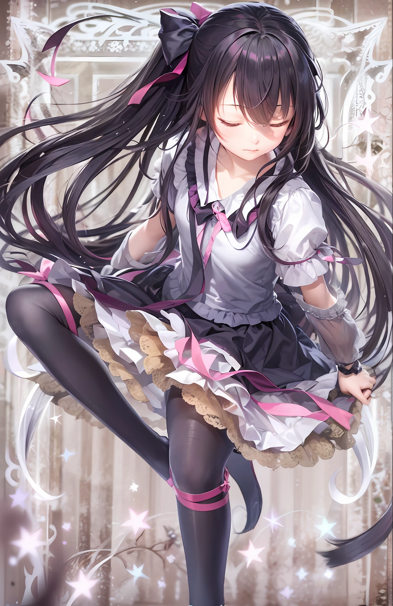 masterpiece, best quality,bp-homura, 1girl, long hair, solo, akemi homura, pantyhose, black hair, ribbon, closed eyes, hair ribbon, magical girl,(kbxll:0.6)