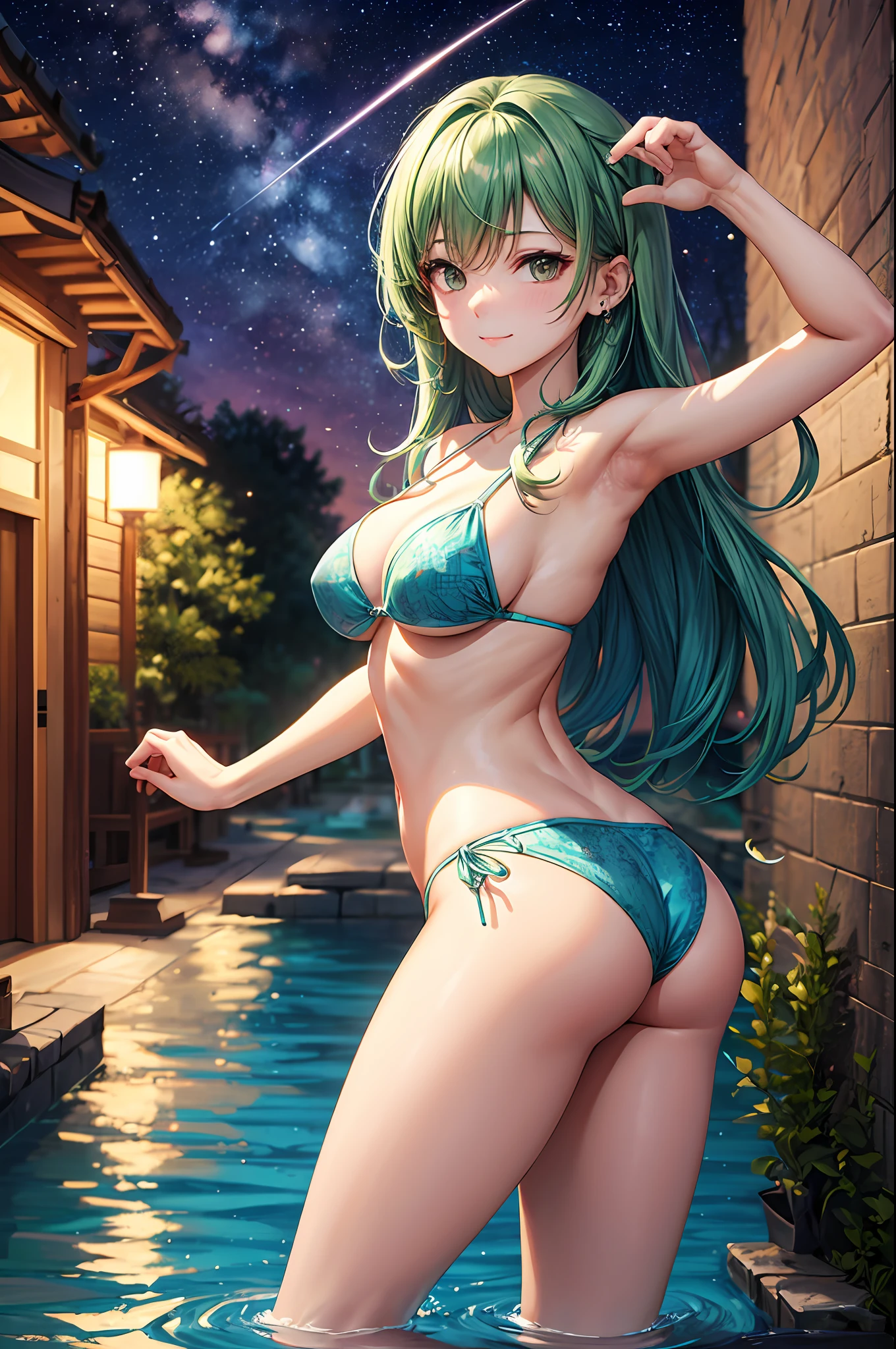 realisitic、top-quality、 1 人、20yr old、Green hair、piercings、Shy face、Fancy Bikini、beautiful booexypos ass、Near triver at night、bru、Particles of light、profetional lighting、shooting stars、wall-paper、