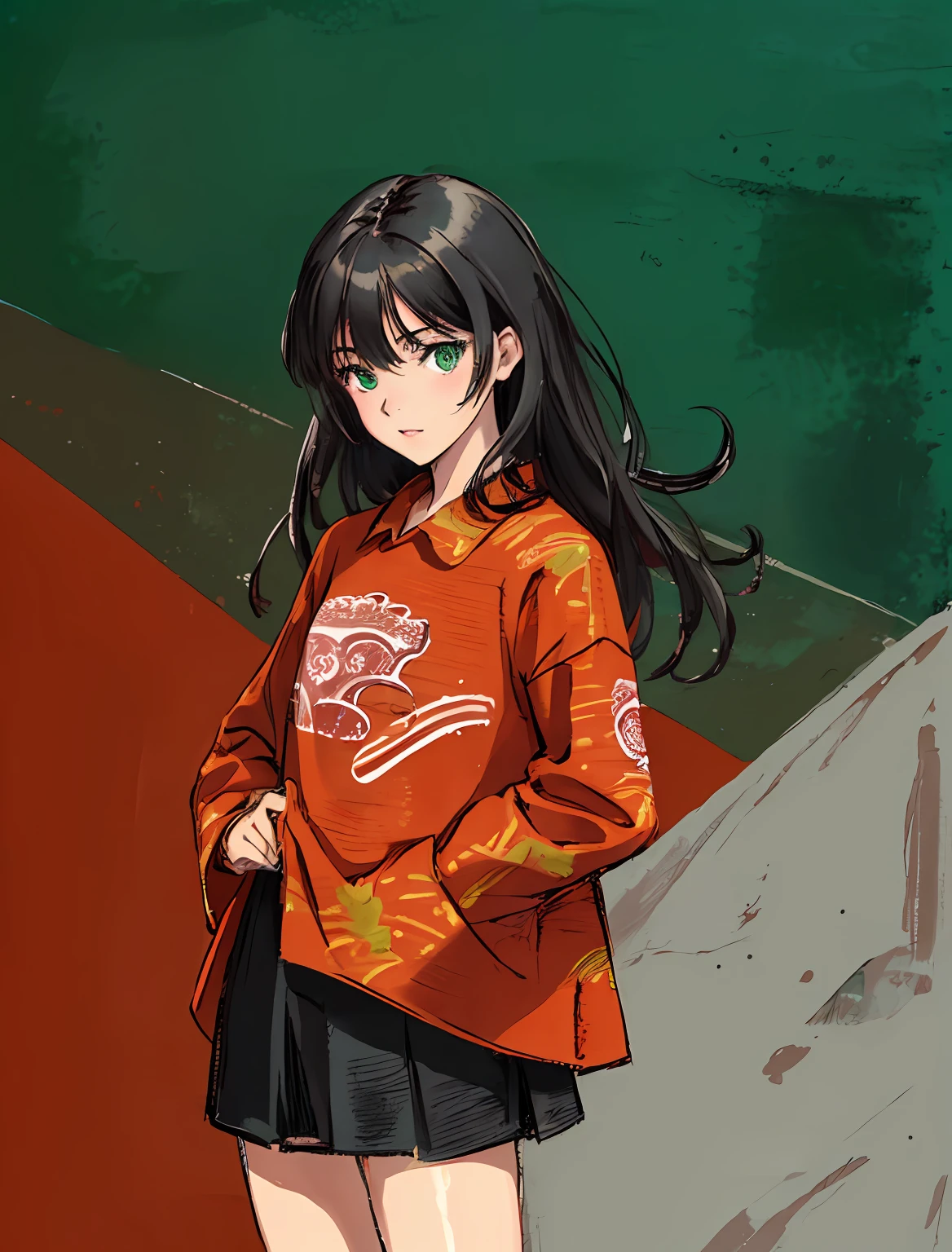 (highres, best quality:1.2), radiance, soft contours, beautiful drawing, (masterpiece),  1girl, black hair, green eyes,  cowboy shot, looking at viewer, patterned clothing, black clothes, simple background, solo, black and red theme, dog print