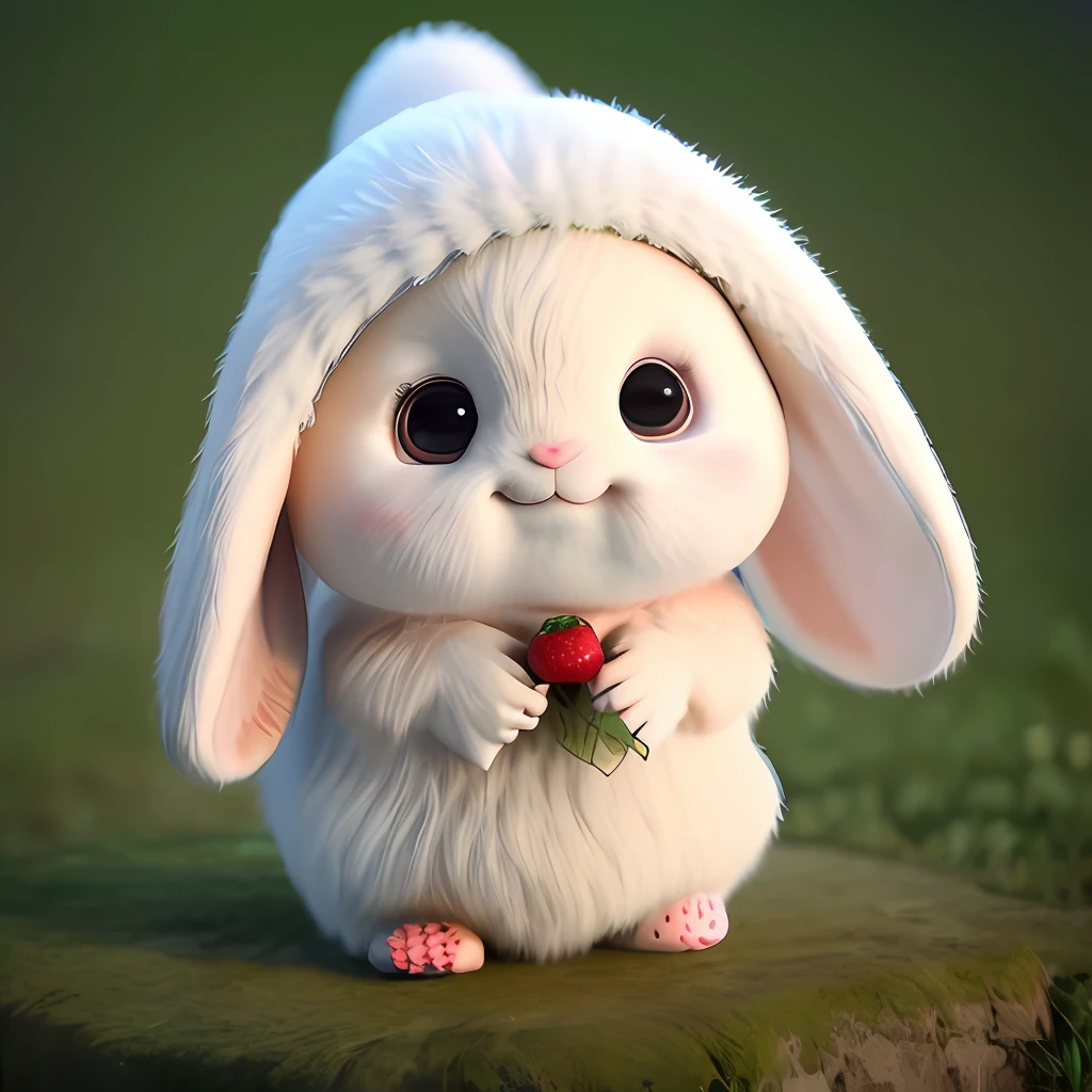 : 3. Rabbit, realistic, hairy, clothed animal, apple, dark circles, blush, cherry, food, fruit, full body, hat, non-human, strawberry, tomato, watermelon