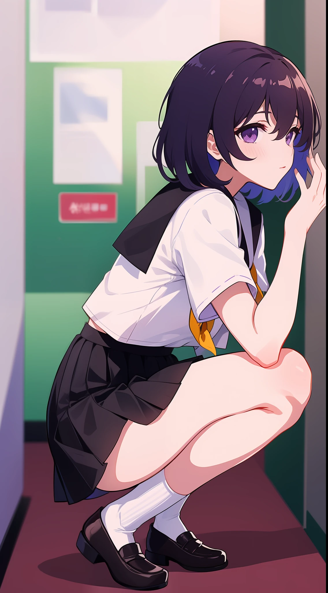 (名傌), ((Best Quality)), (Super Detail), 1 Girl,Seele, Black Hair Shorthair, School, Hallway, Squatting, Purple Panties, Pubic Hair, Purple Eyes, 15 Years Old, Skinny Legs, School Uniform, Skirt, Socks, Serafuk, Neckerchief, Sailor Color, Pleated Skirt, White Socks, Black Skirt, Short Sleeves, Shirt, White Shirt, Black Sailor Color, Blue neckerchief, blush, bangs, small breasts, perfect hands, hand detail, fixed fingers, looking_al_Viewer, top quality, rich detail, perfect image quality,