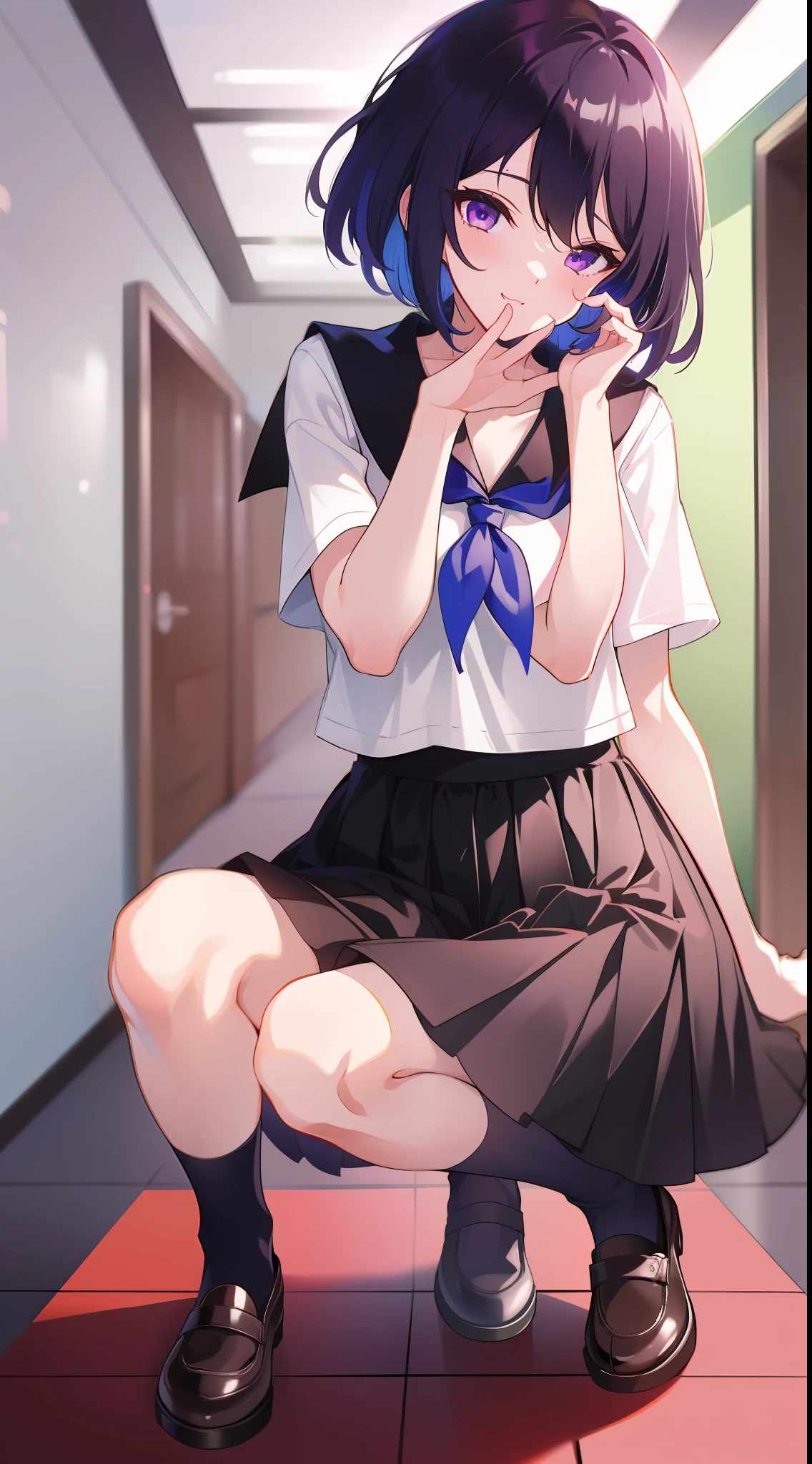 (名傌), ((Best Quality)), (Super Detail), 1 Girl,Seele, Black Hair Shorthair, School, Hallway, Squatting, Purple Panties, Pubic Hair, Purple Eyes, 15 Years Old, Skinny Legs, School Uniform, Skirt, Socks, Serafuk, Neckerchief, Sailor Color, Pleated Skirt, White Socks, Black Skirt, Short Sleeves, Shirt, White Shirt, Black Sailor Color, Blue neckerchief, blush, bangs, small breasts, perfect hands, hand detail, fixed fingers, looking_al_Viewer, top quality, rich detail, perfect image quality,