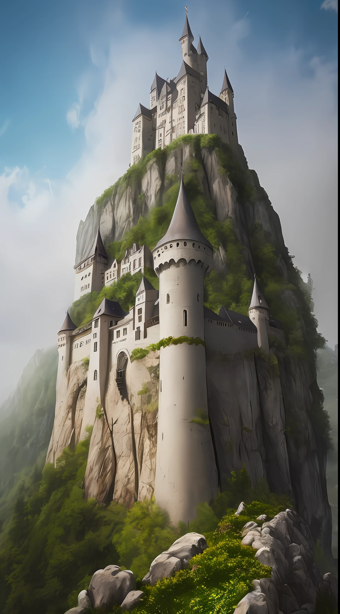 A castle on a rocky hill
View from the bottom up
Foggy weather
A knight behind the picture is looking up at the castle