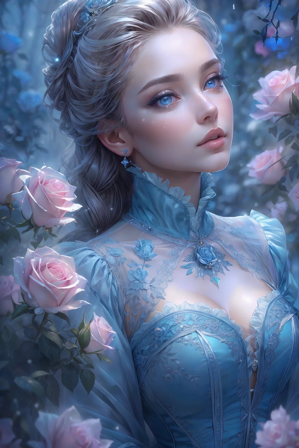 This is realistic (((fantasy))) artwork set in the frozen blue rose garden of an enchanted ice castle in winter and should consist of many shades of cold blue colors. It is snowing heavily. Generate a proud woman with a (((highly detailed face))) dressed in the billowing folds of a stunning French silk ballgown. The woman's elegant face is ((((highly detailed, with realistic features and soft, puffy lips.)))) The ballgown is embellished with ruffles, sashes, and bows and a delicately, but intricately, hand-embroidered bodice. The corset features silk ribbon. She is wearing Victorian royal winter outer clothes. The woman's stunning eyes are beautifully detailed, featuring realistic shading and multiple colors, and in high resolution. The woman is in a garden of eternal roses, each one beautifully formed and highly detailed. These realistic blue roses feature shimmering shades of light blue, dark blue, silver, and glimmering blue-purple. The eternal rose is a deep shade of periwinkle with shimmering iridescent overtones and undertones. Ensure that the woman's face, hair, and eyes are perfect. realism, high fantasy, whimsical fantasy, storybook fantasy, fairytale fantasy, fantasy details, enchanting, bewitching, 8k, hires, CGI, digital painting, unity, unreal engine, (((masterpiece))), intricate, elegant, highly detailed, majestic, digital photography, art by artgerm and ruan jia and Greg Rutkowski, (masterpiece, finely detailed beautiful eyes: 1.2), hdr, realistic skin texture, (((1woman))), (((solo))), Include a highly detailed face, extremely detailed face, and interesting background.