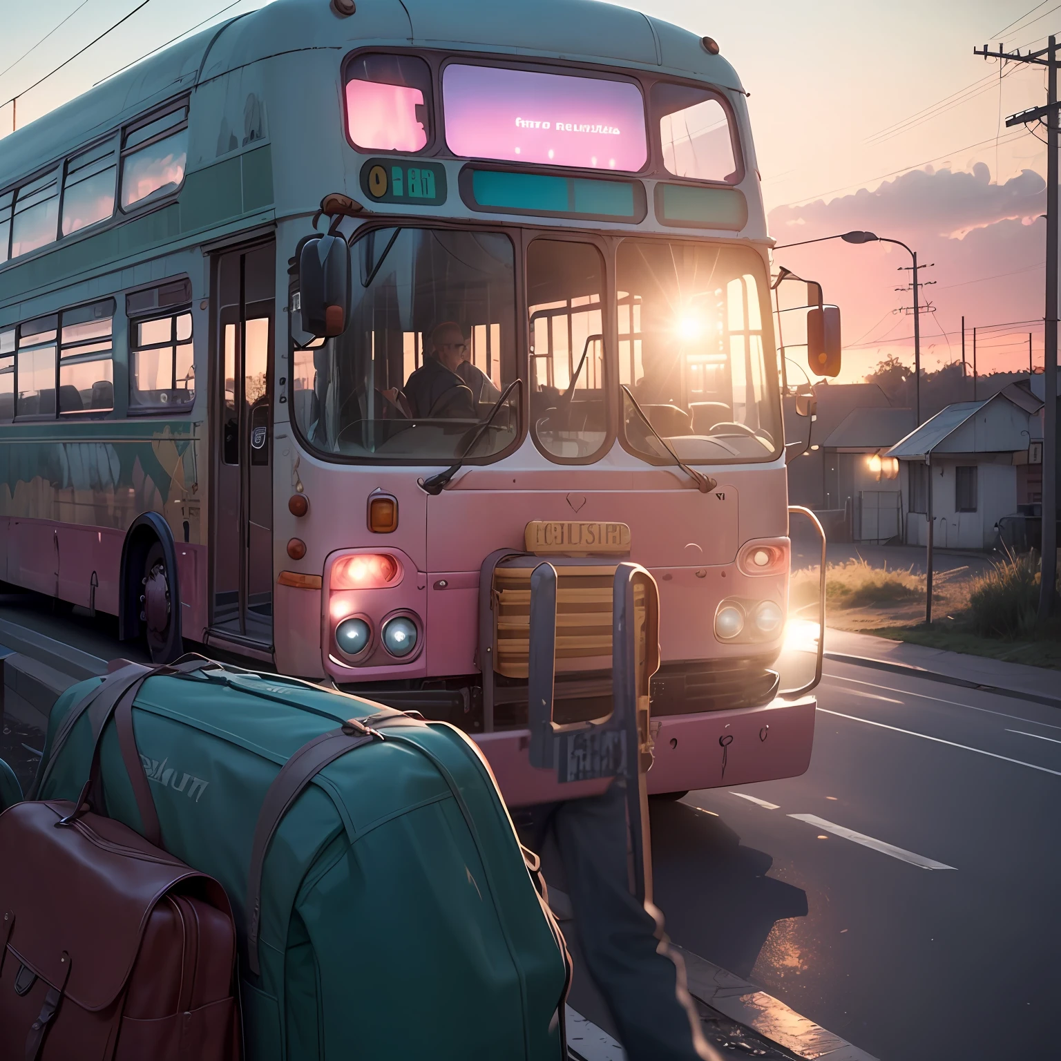 (((Capture a vivid and atmospheric image))) of a bus journeying west, with the windshield flashing pink and the pink hues glancing off the metallic surface. The bus should have a dented flank of blue, beat-up enamel, adding character and a sense of wear and tear. The image should evoke a nostalgic and adventurous atmosphere as the bus travels towards the horizon. --auto
