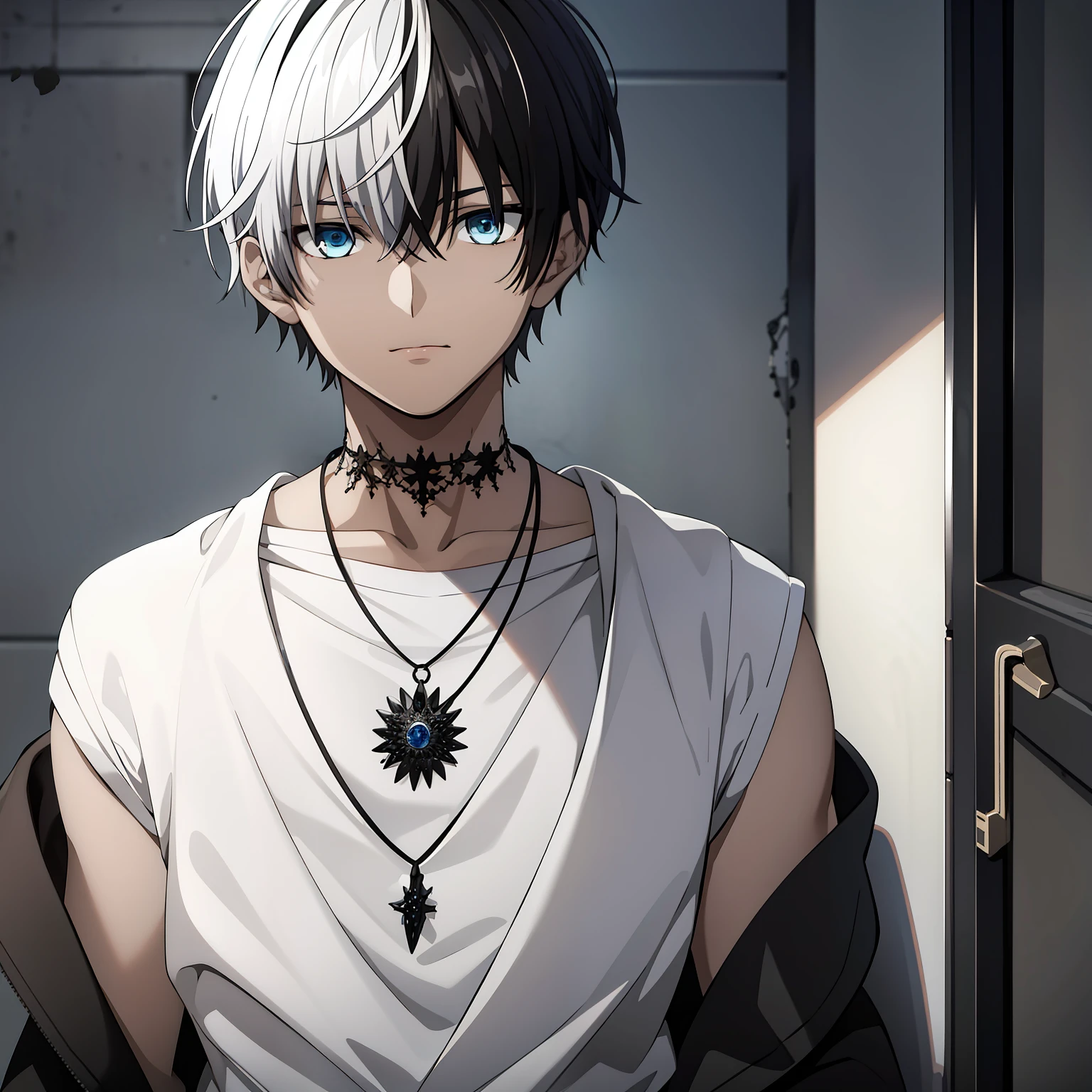 masterpiece, best quality, high quality, shinoyama_polka, 1boy, solo, male focus, upper body, looking at viewer, shirt, two-tone hair, white hair, black hair, jewelry, white_shirt, necklace, scar, absolutely stunning art, extremely detailed eyes