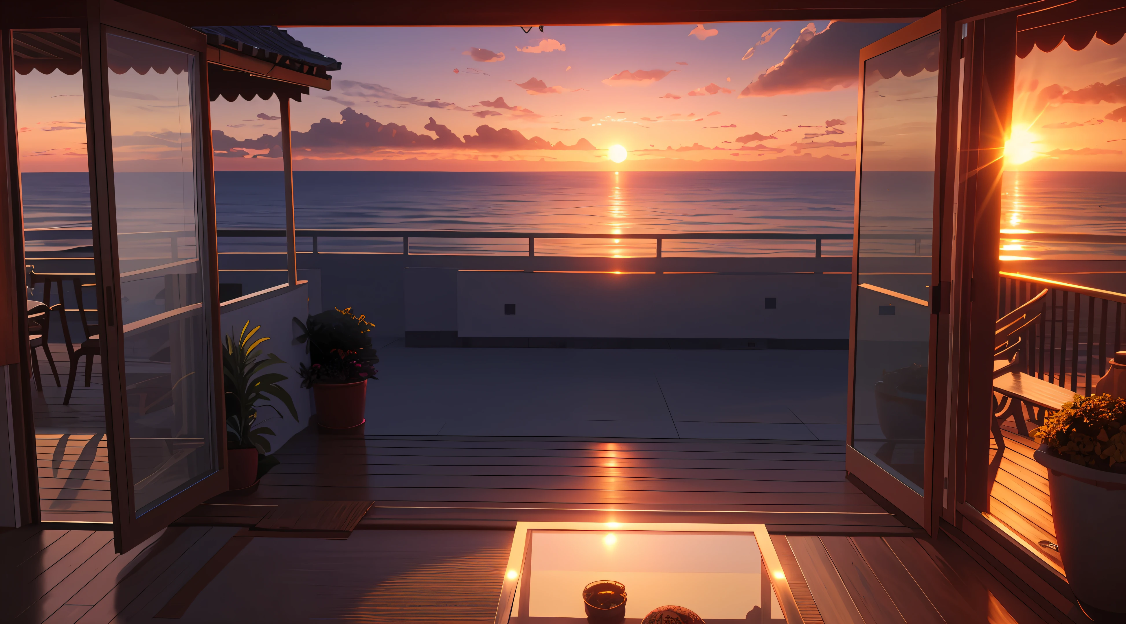 Sunset view of the ocean from a balcony with table and chairs, sunset lighting 8k, com vista para o oceano, renderizado em unreal engine 4k hq, renderizado em unreal engine 4 k hq, Renderizado em 8 K Unreal Engine, octan render. por makoto shinkai, a photorealistic rendering, 8K HDR sunset lit, watching the sun set. anime, sunsettime