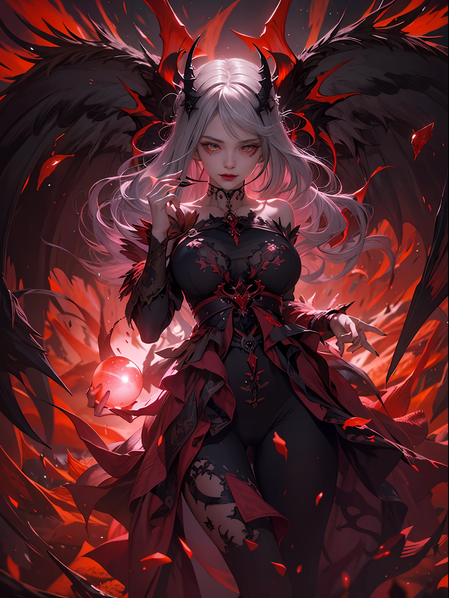 simple dark magical background , horror scene , beautiful female devil , red magical glowing eyes , magical reddish glowing little orb in two hand at once , female devil staring at orb , dark big wings , ultra detailed face , (ultra detailed scene) , (ultra detailed orb) , (ultra beautiful face) , (ultra detailed hands) , (ultra detailed wings)  blood splashed on body, pale face , dark red lip , black underwear , shaped body , red magic around her , magic twirling around