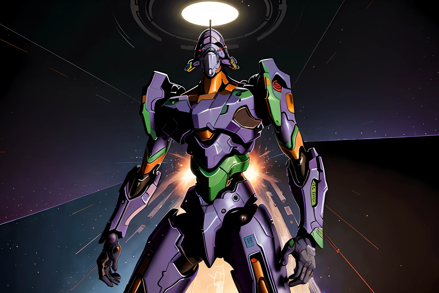 eva 01, evagod, (halo),explosion,beam,laser,evangelion mecha, science fiction, looking at viewer, (official art, Best quality, masterpiece:1.2), illustration, high res, beautiful abstract background, Futurism, cyberpunk, intense angle, close-up,silhouette,light particles